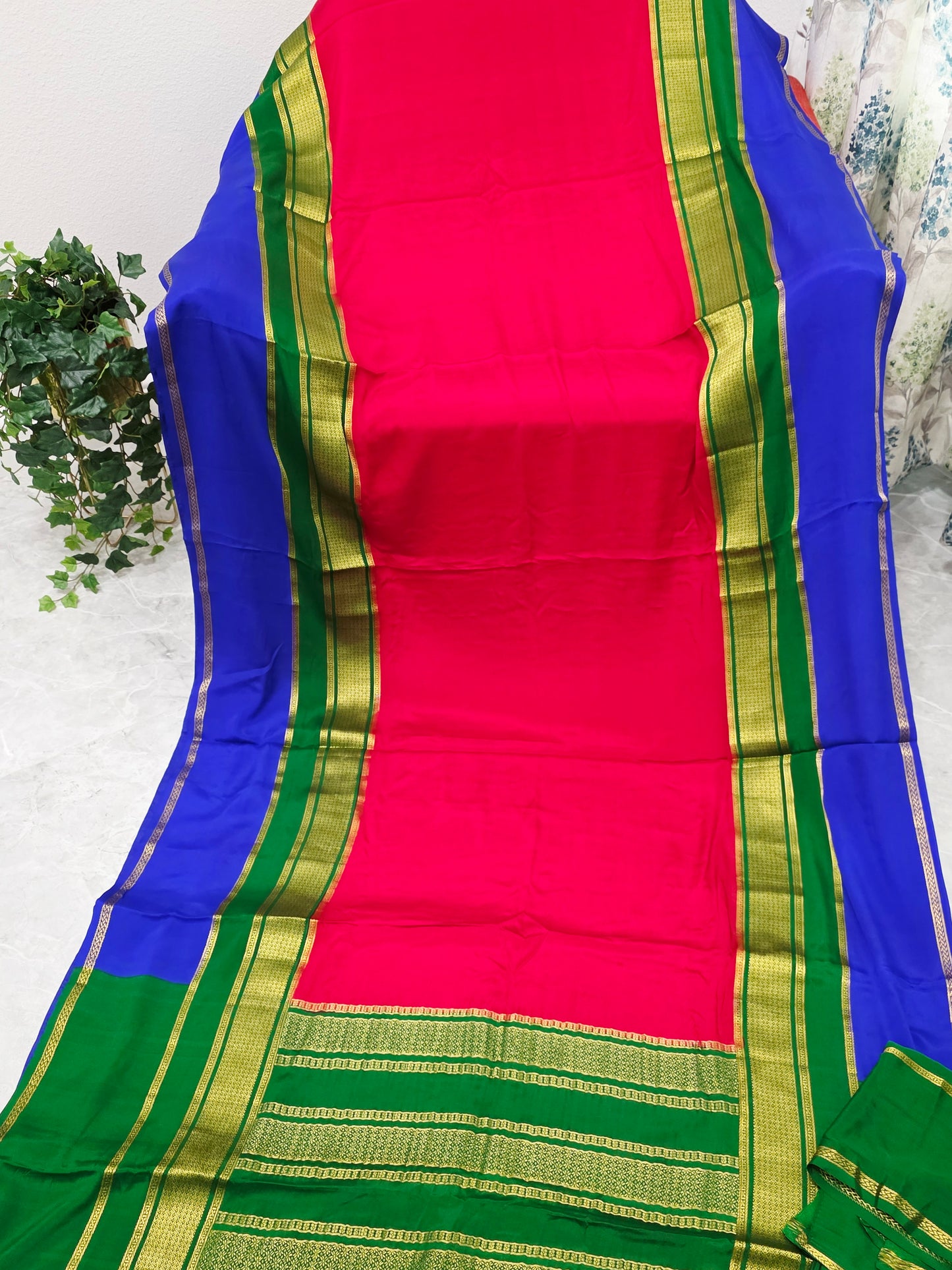 Red, Royal Blue & Emerald Green Pure 120 GSM Mysore Crepe Silk Saree with Unstitched Blouse