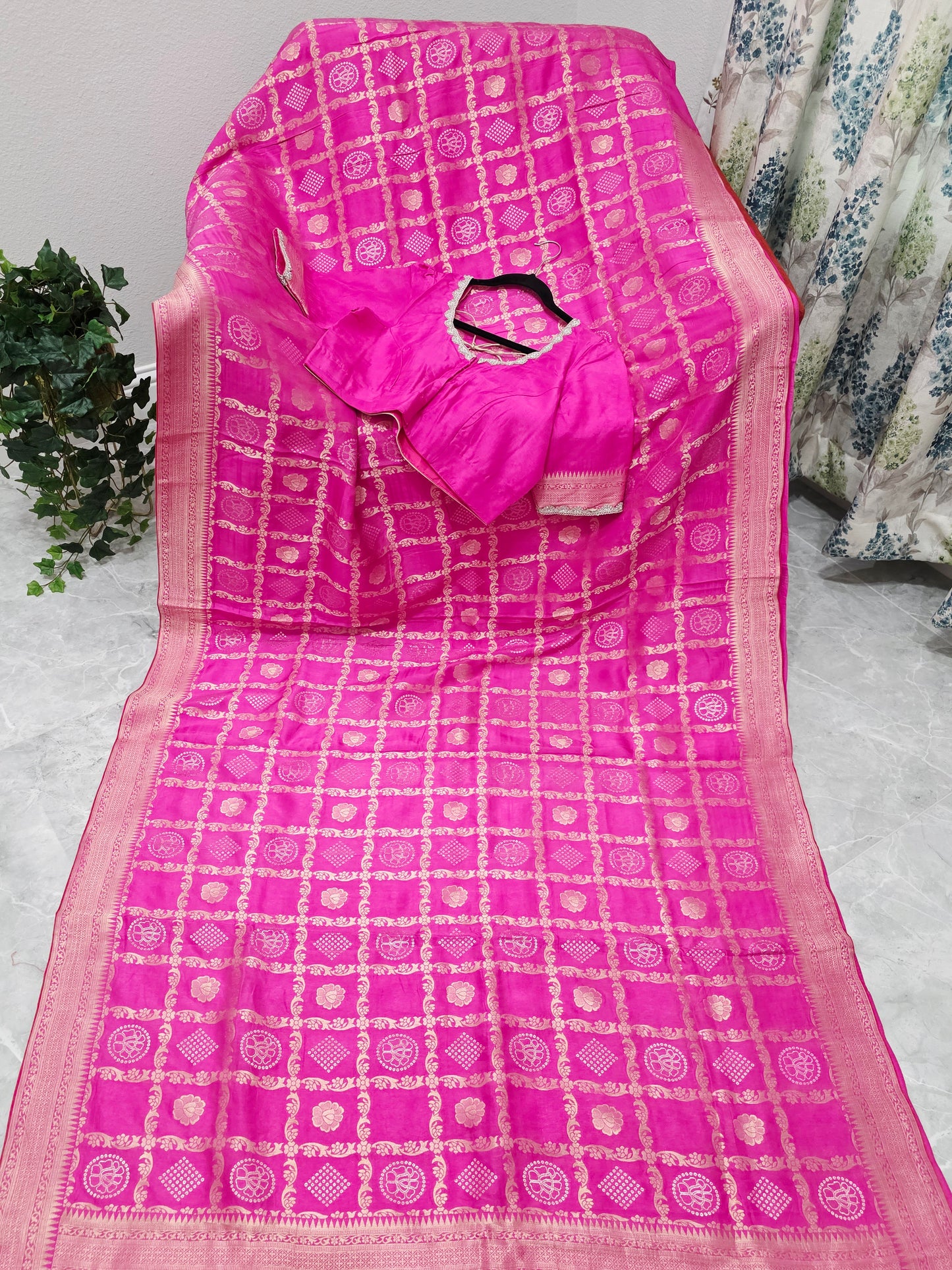 Rani Pink Gharchola Checks Munga Benarasi Crepe Silk Saree with Stitched Blouse