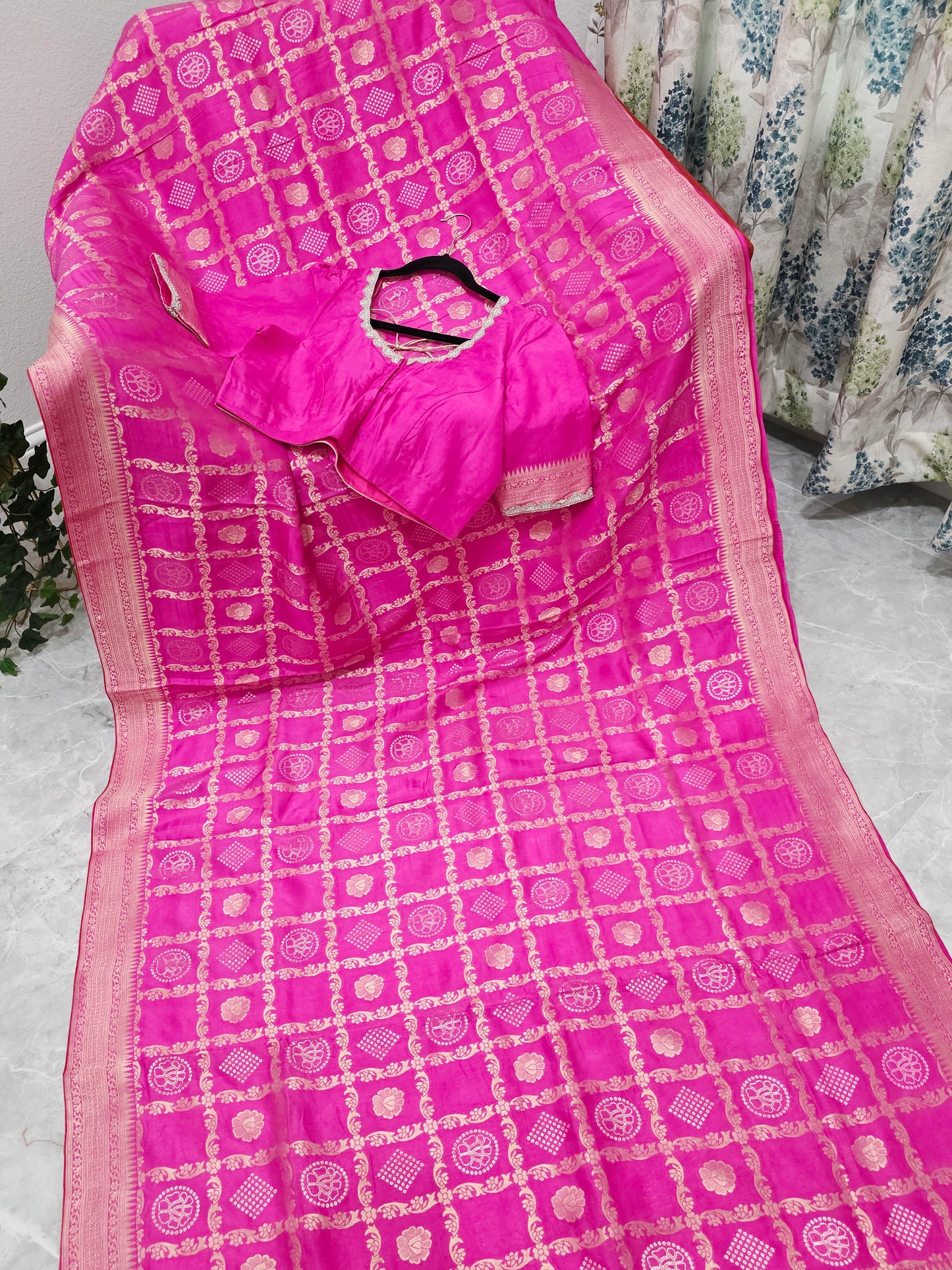 Rani Pink Gharchola Checks Munga Benarasi Crepe Silk Saree with Stitched Blouse