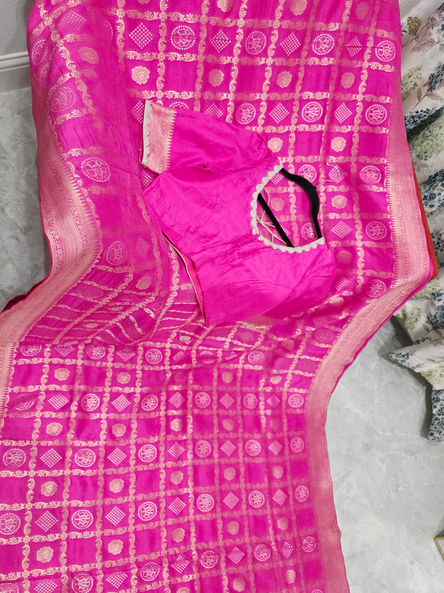 Rani Pink Gharchola Checks Munga Benarasi Crepe Silk Saree with Stitched Blouse