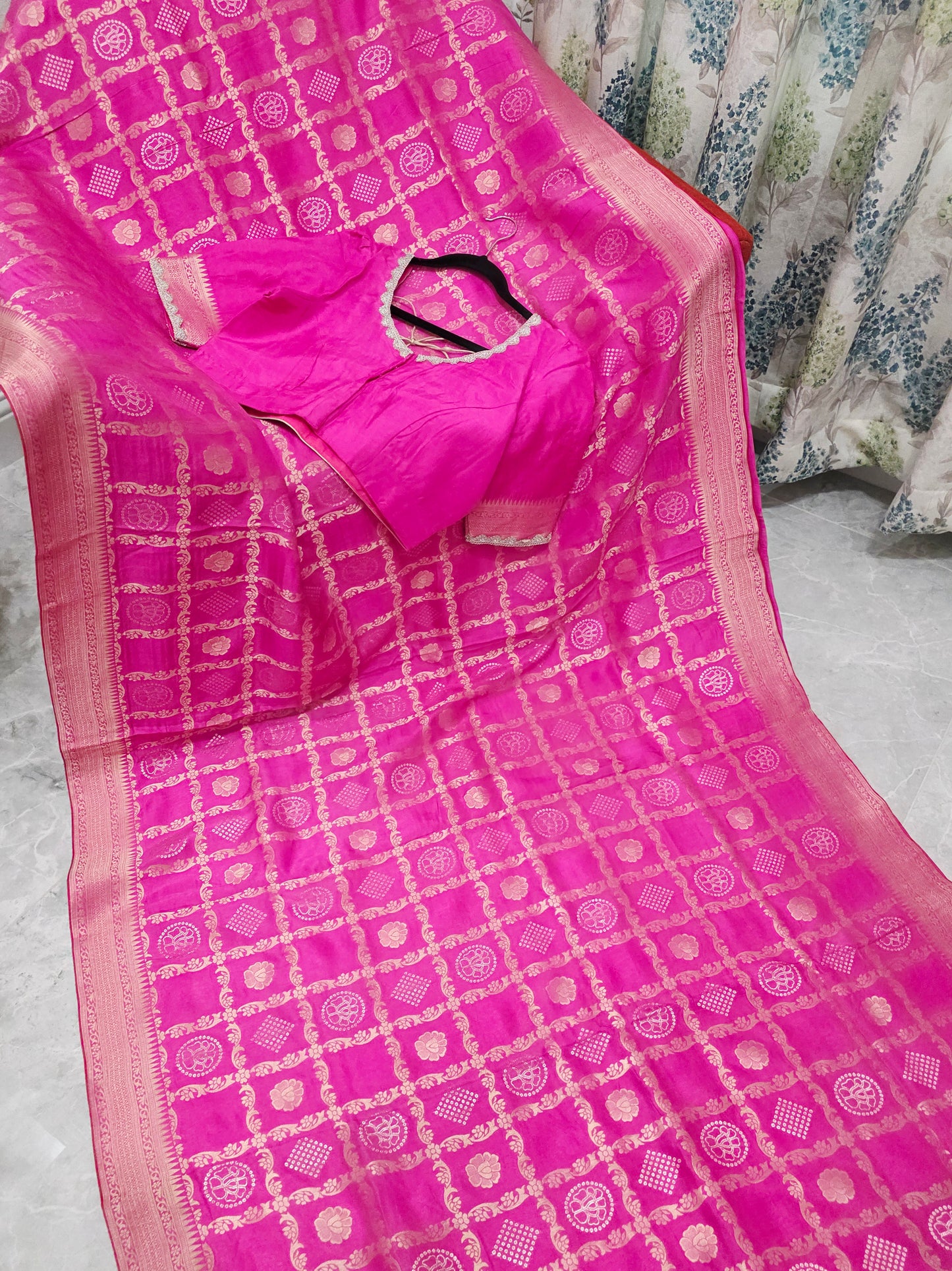 Rani Pink Gharchola Checks Munga Benarasi Crepe Silk Saree with Stitched Blouse