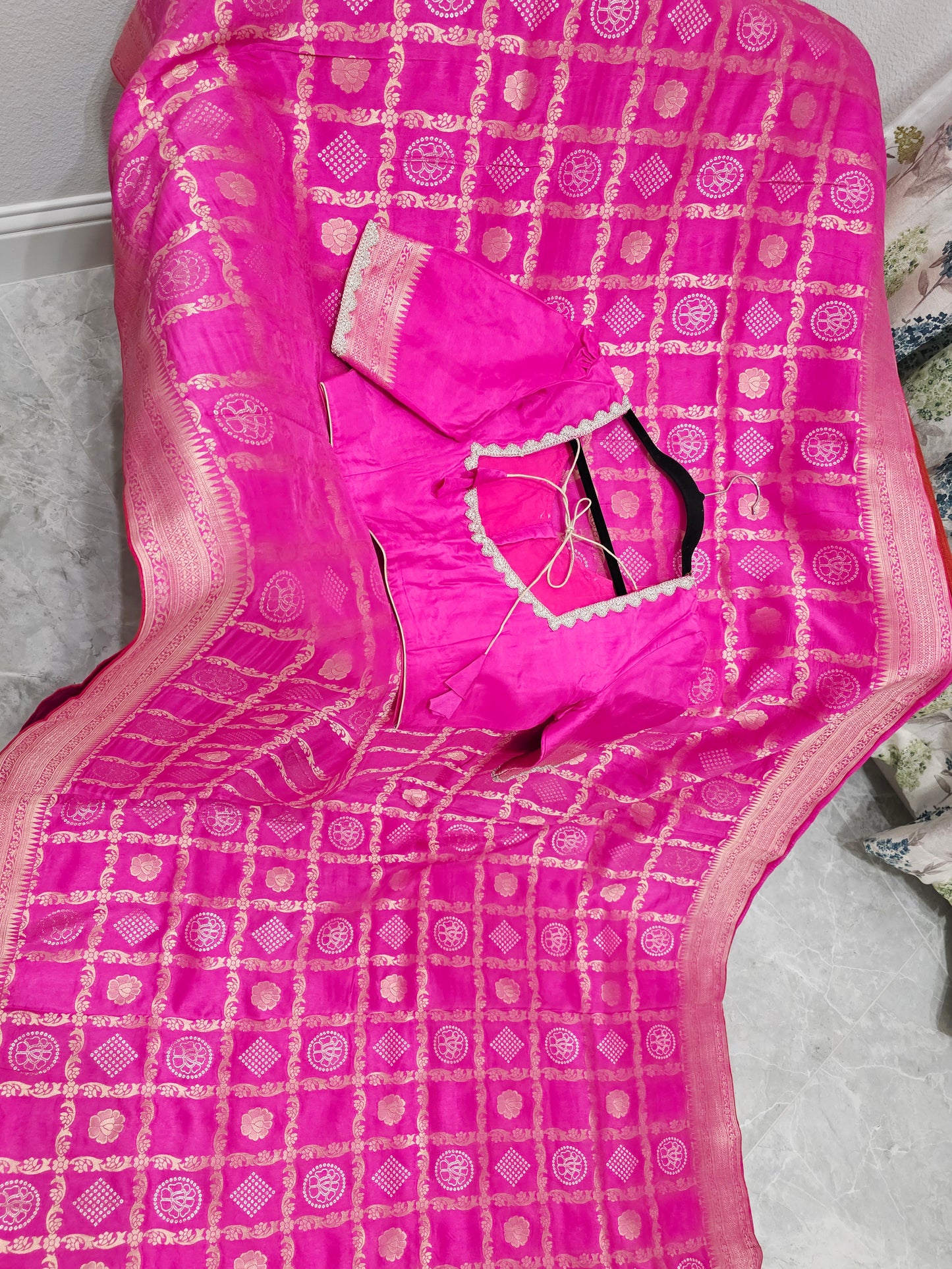Rani Pink Gharchola Checks Munga Benarasi Crepe Silk Saree with Stitched Blouse