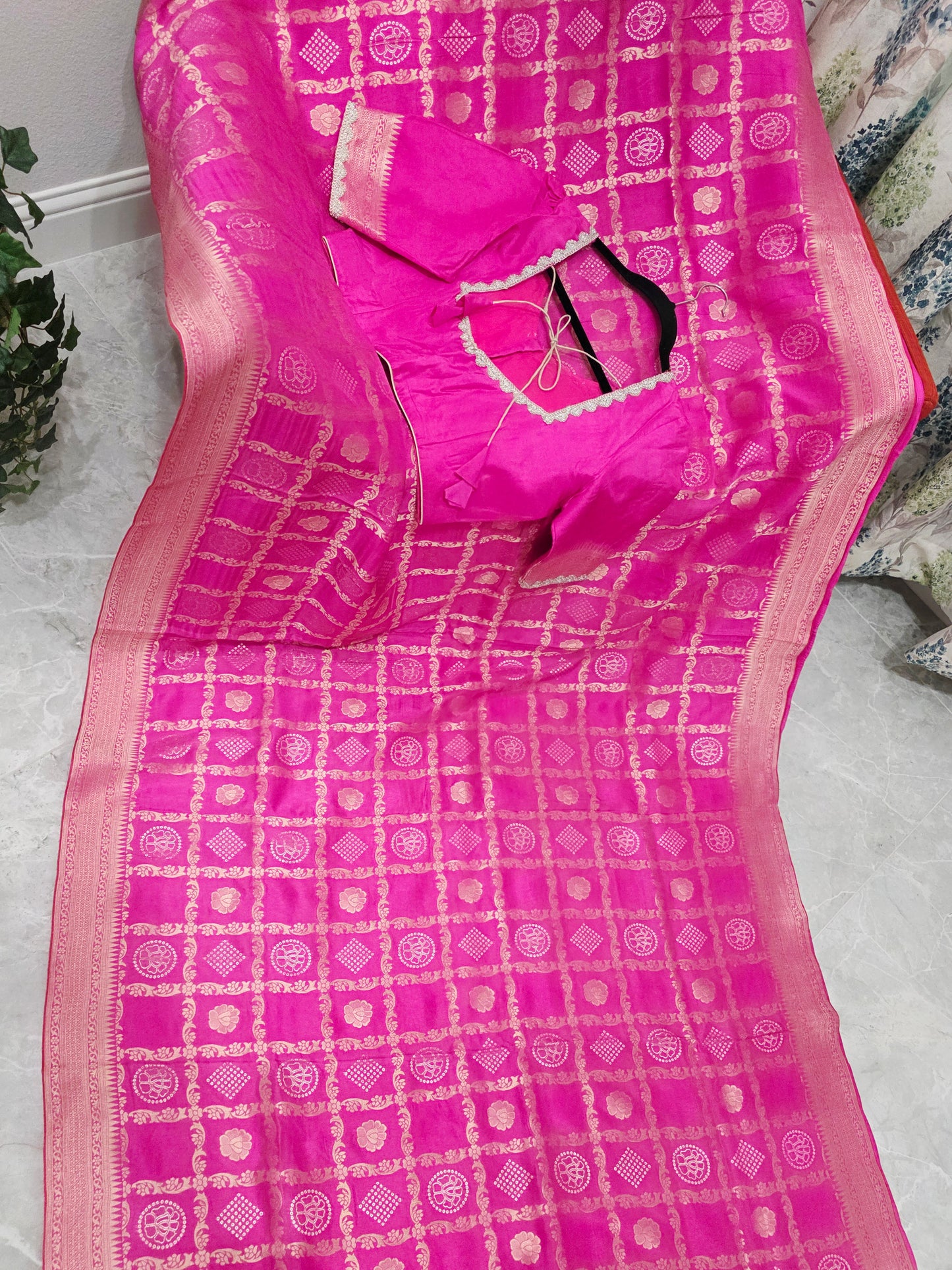 Rani Pink Gharchola Checks Munga Benarasi Crepe Silk Saree with Stitched Blouse
