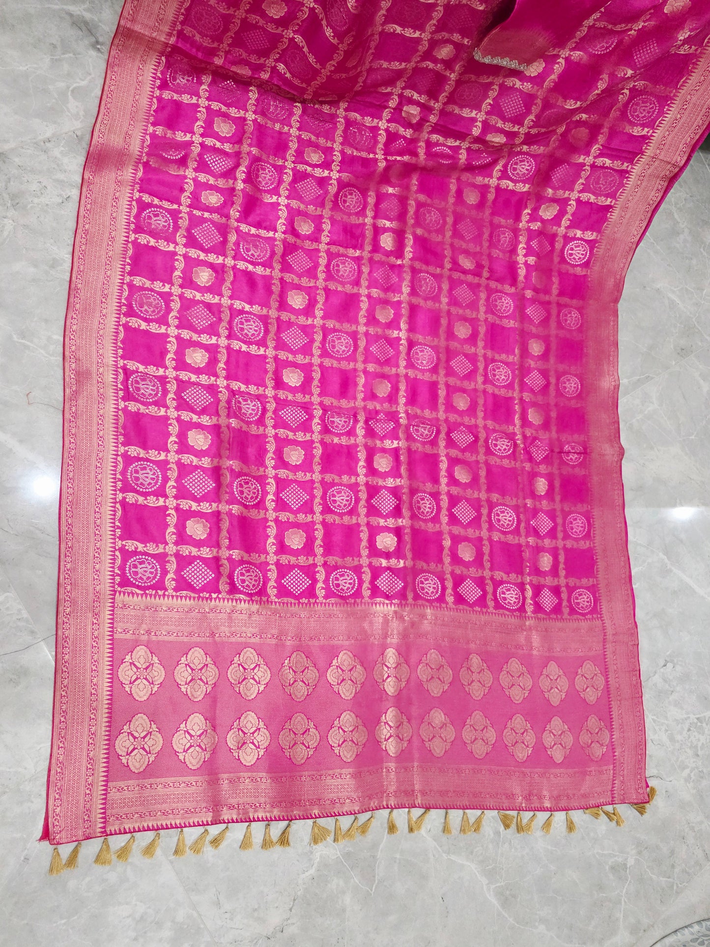 Rani Pink Gharchola Checks Munga Benarasi Crepe Silk Saree with Stitched Blouse