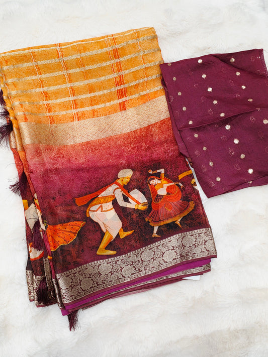 Sunset Mustard & Rustic Maroon Folk Dance Border Georgette Silk Saree