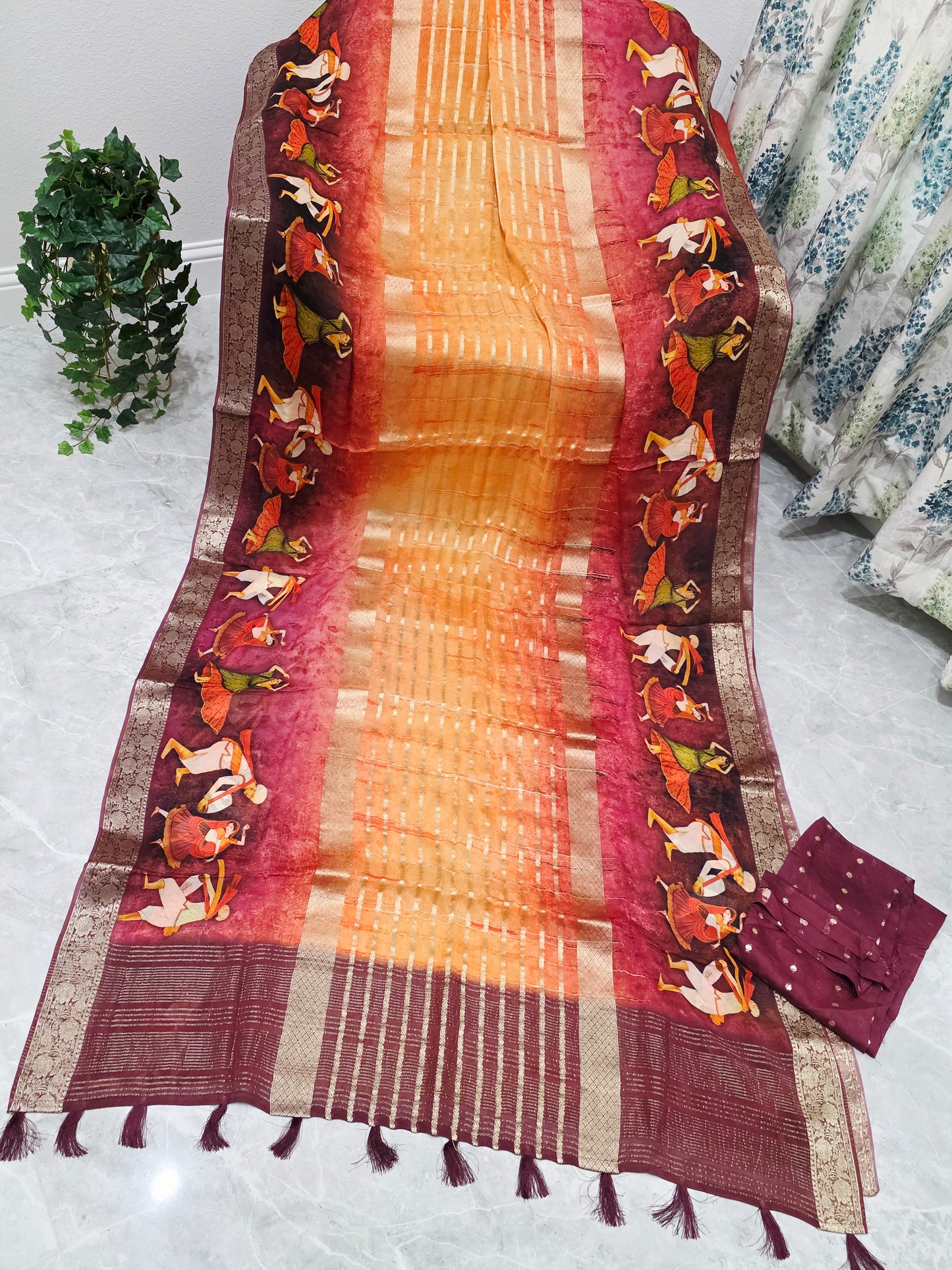 Sunset Mustard & Rustic Maroon Folk Dance Border Georgette Silk Saree