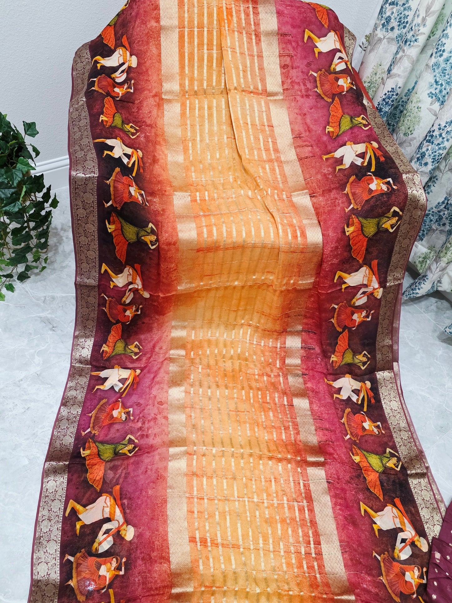 Sunset Mustard & Rustic Maroon Folk Dance Border Georgette Silk Saree