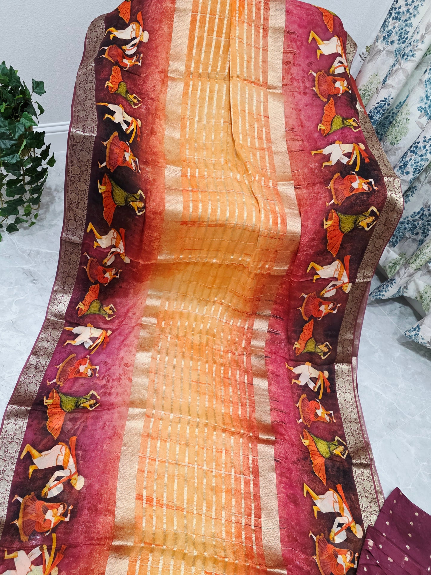 Sunset Mustard & Rustic Maroon Folk Dance Border Georgette Silk Saree