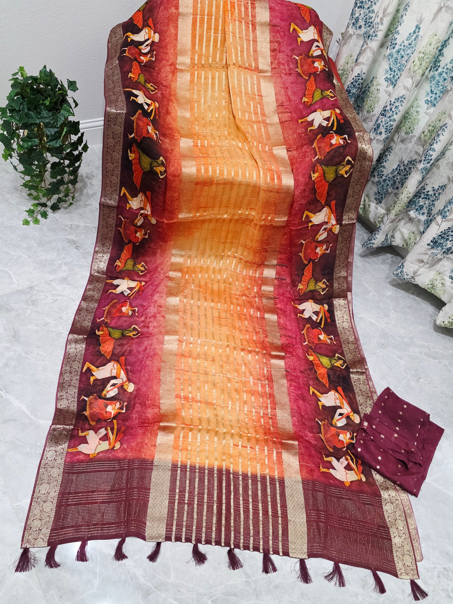 Sunset Mustard & Rustic Maroon Folk Dance Border Georgette Silk Saree