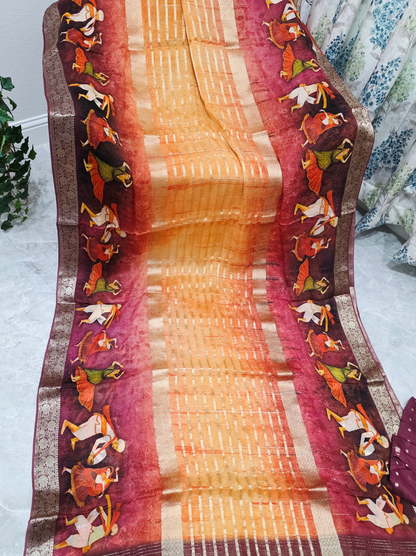Sunset Mustard & Rustic Maroon Folk Dance Border Georgette Silk Saree