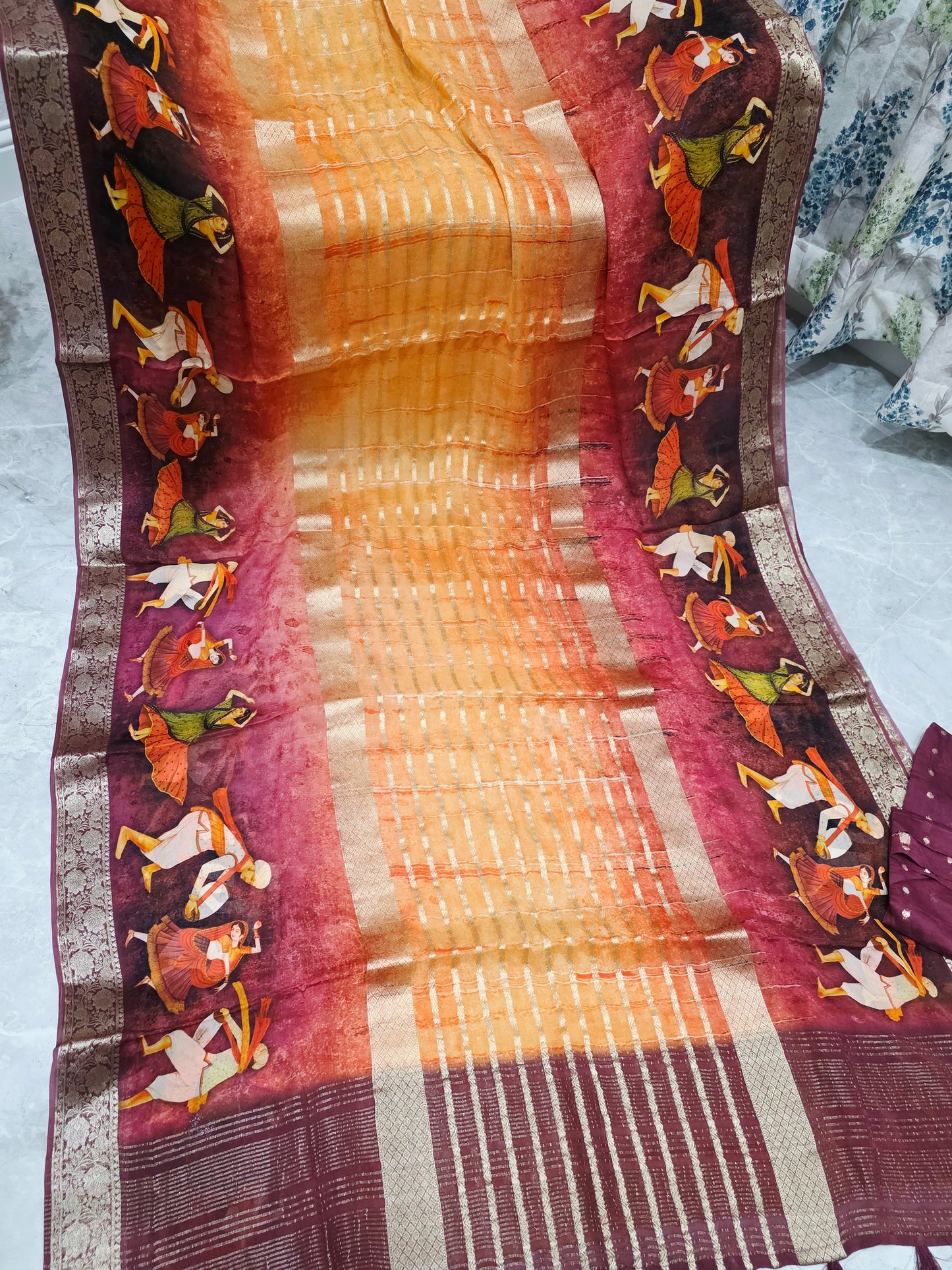 Sunset Mustard & Rustic Maroon Folk Dance Border Georgette Silk Saree