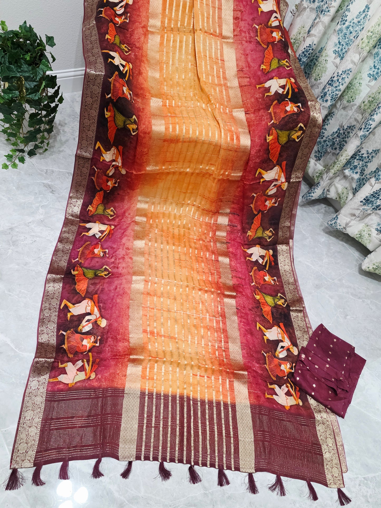 Sunset Mustard & Rustic Maroon Folk Dance Border Georgette Silk Saree