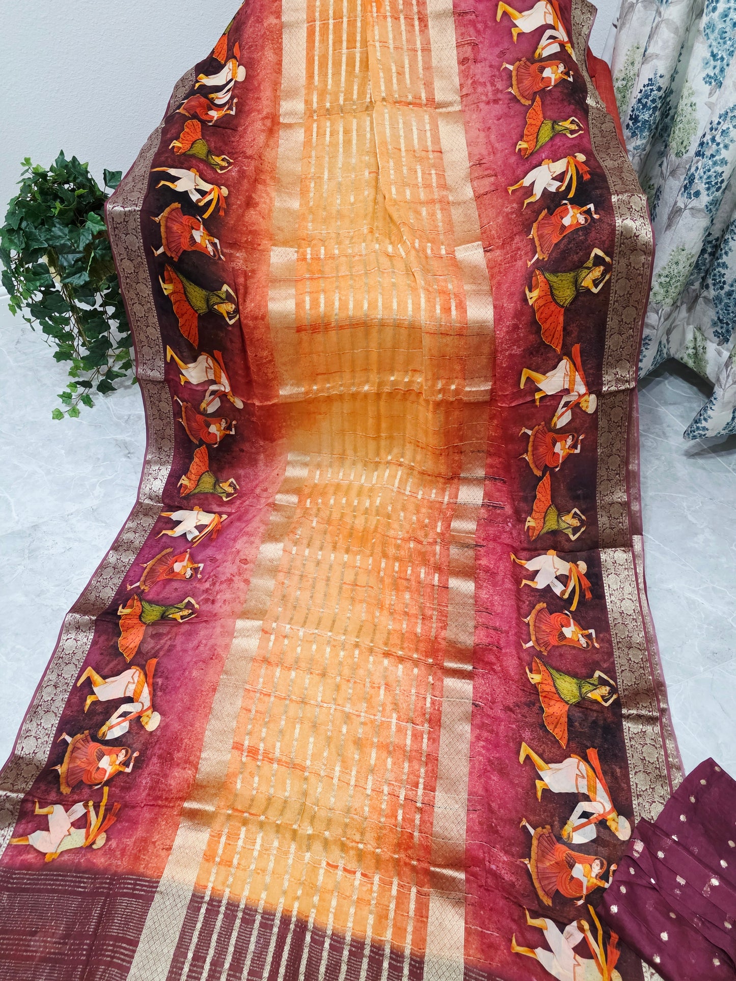 Sunset Mustard & Rustic Maroon Folk Dance Border Georgette Silk Saree