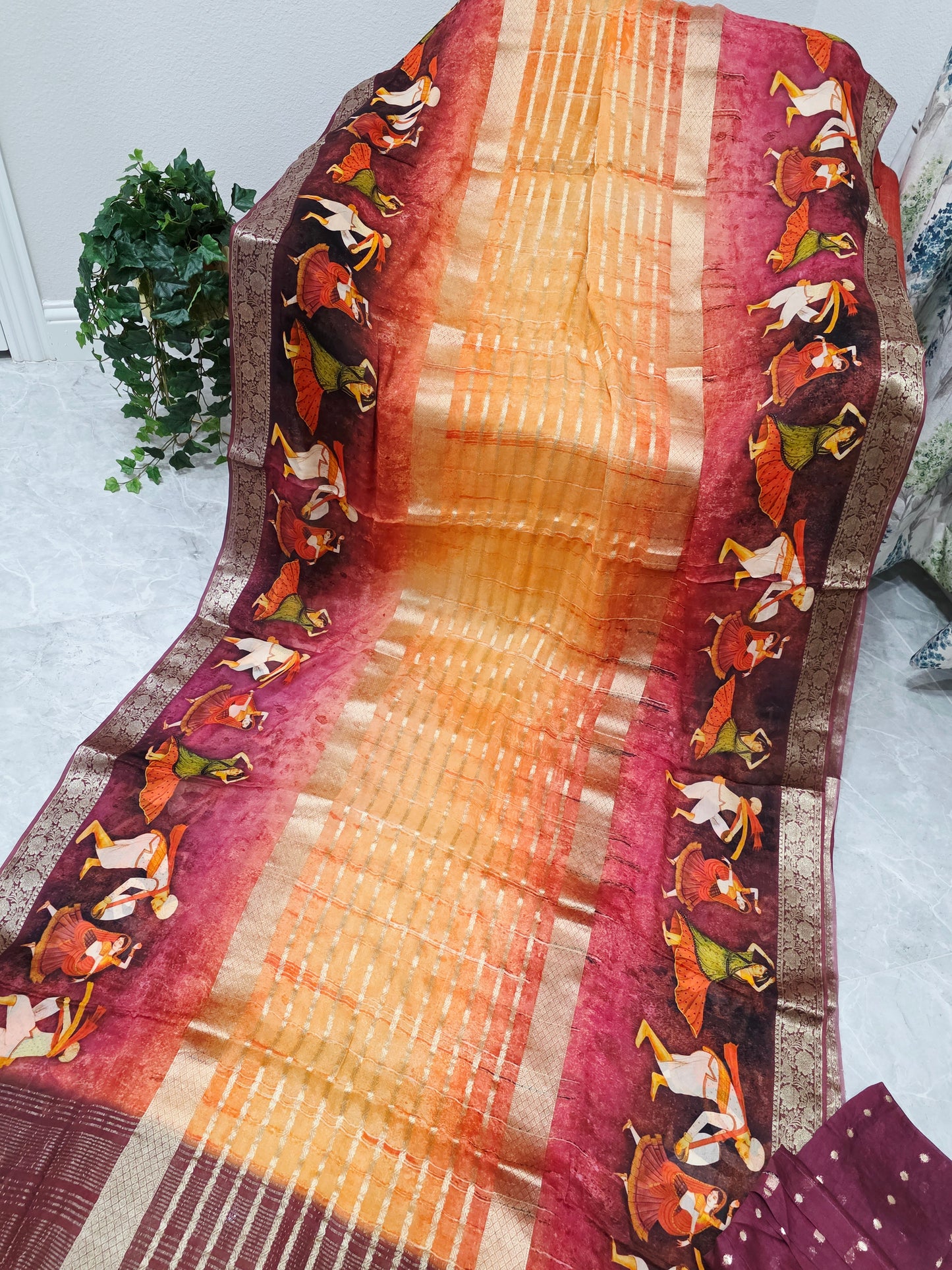 Sunset Mustard & Rustic Maroon Folk Dance Border Georgette Silk Saree