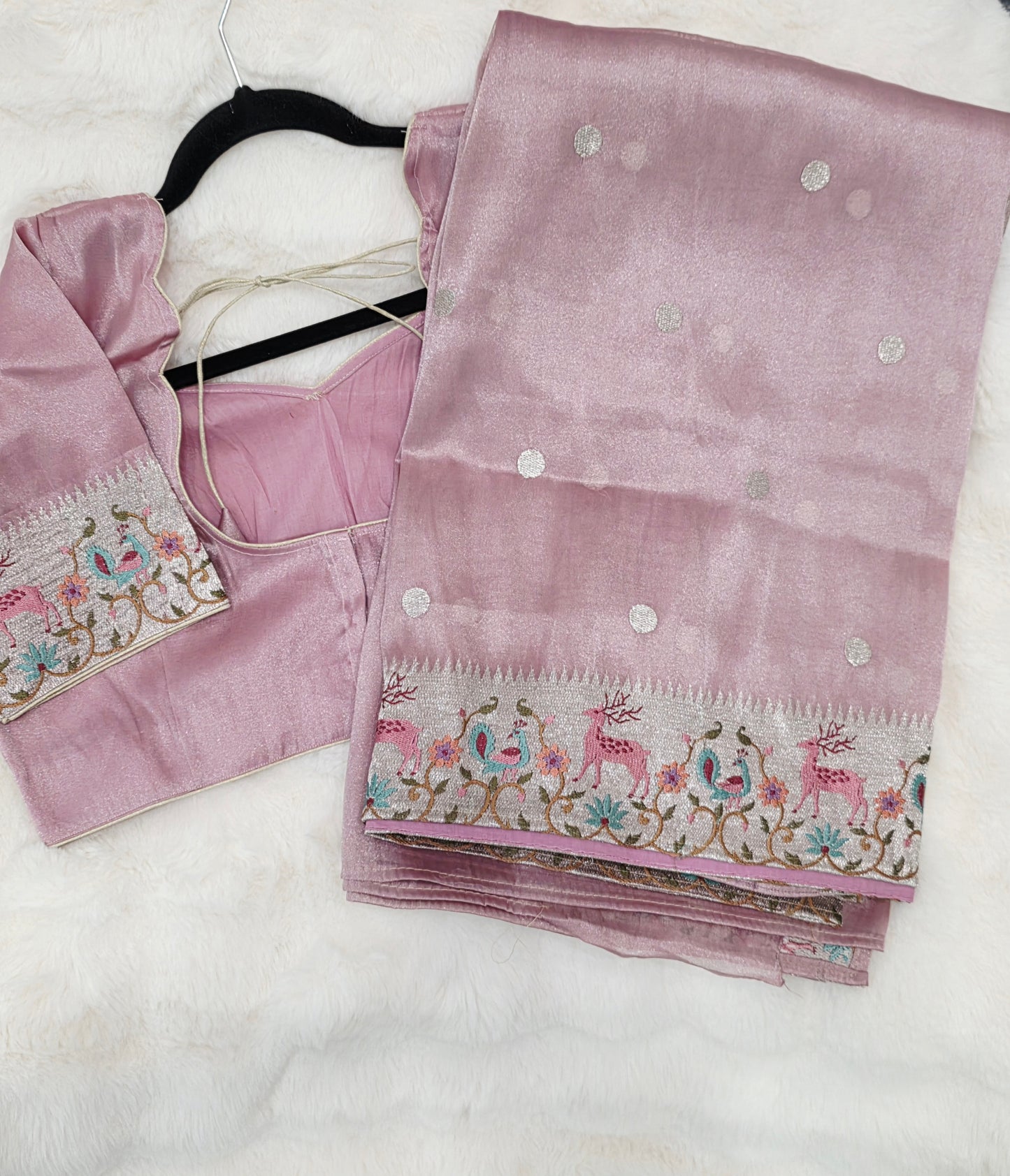 Dusty Rose Pink Soft Tissue Silk Saree with Embroidered Border & Stitched Blouse