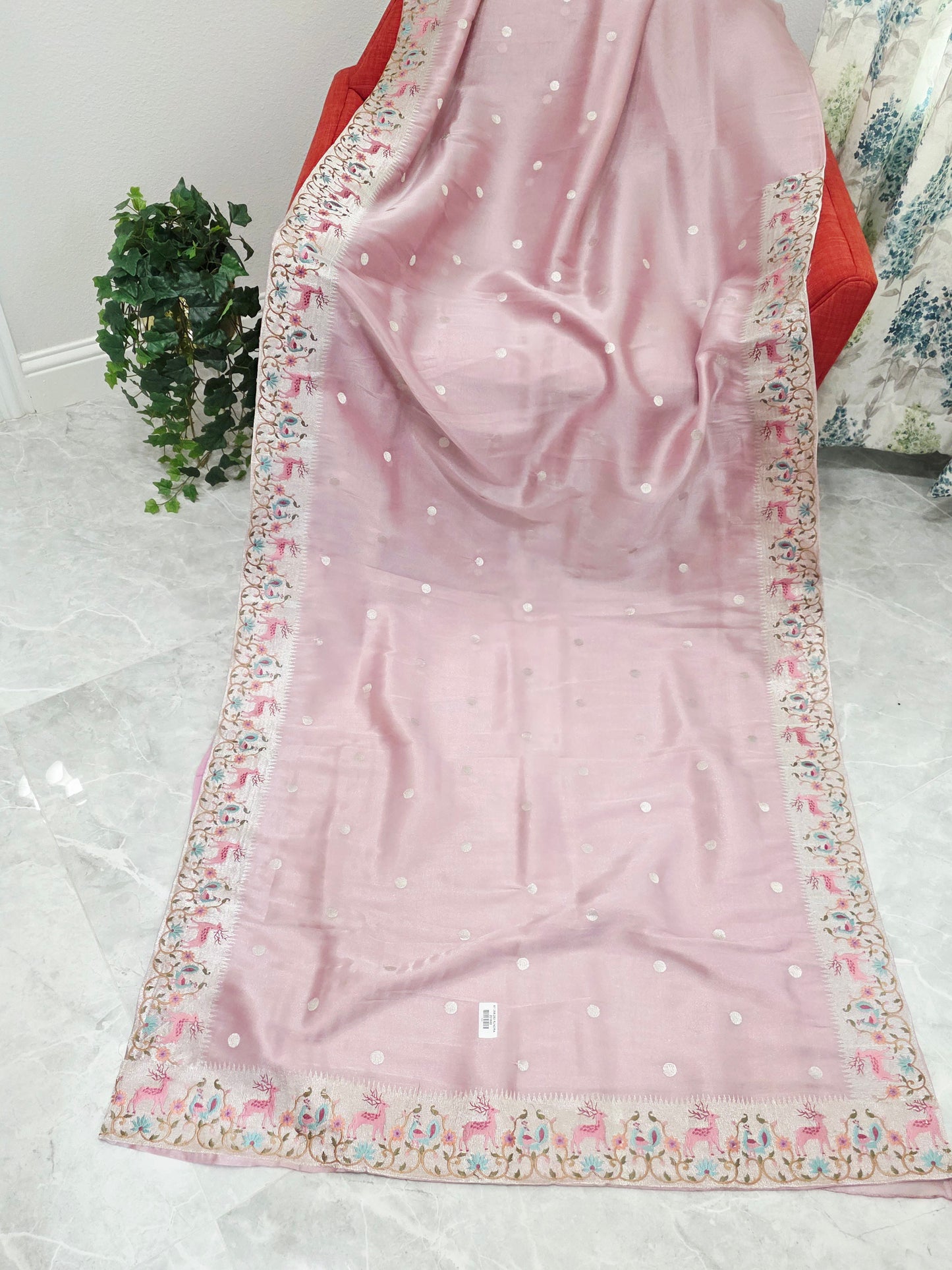 Dusty Rose Pink Soft Tissue Silk Saree with Embroidered Border & Stitched Blouse