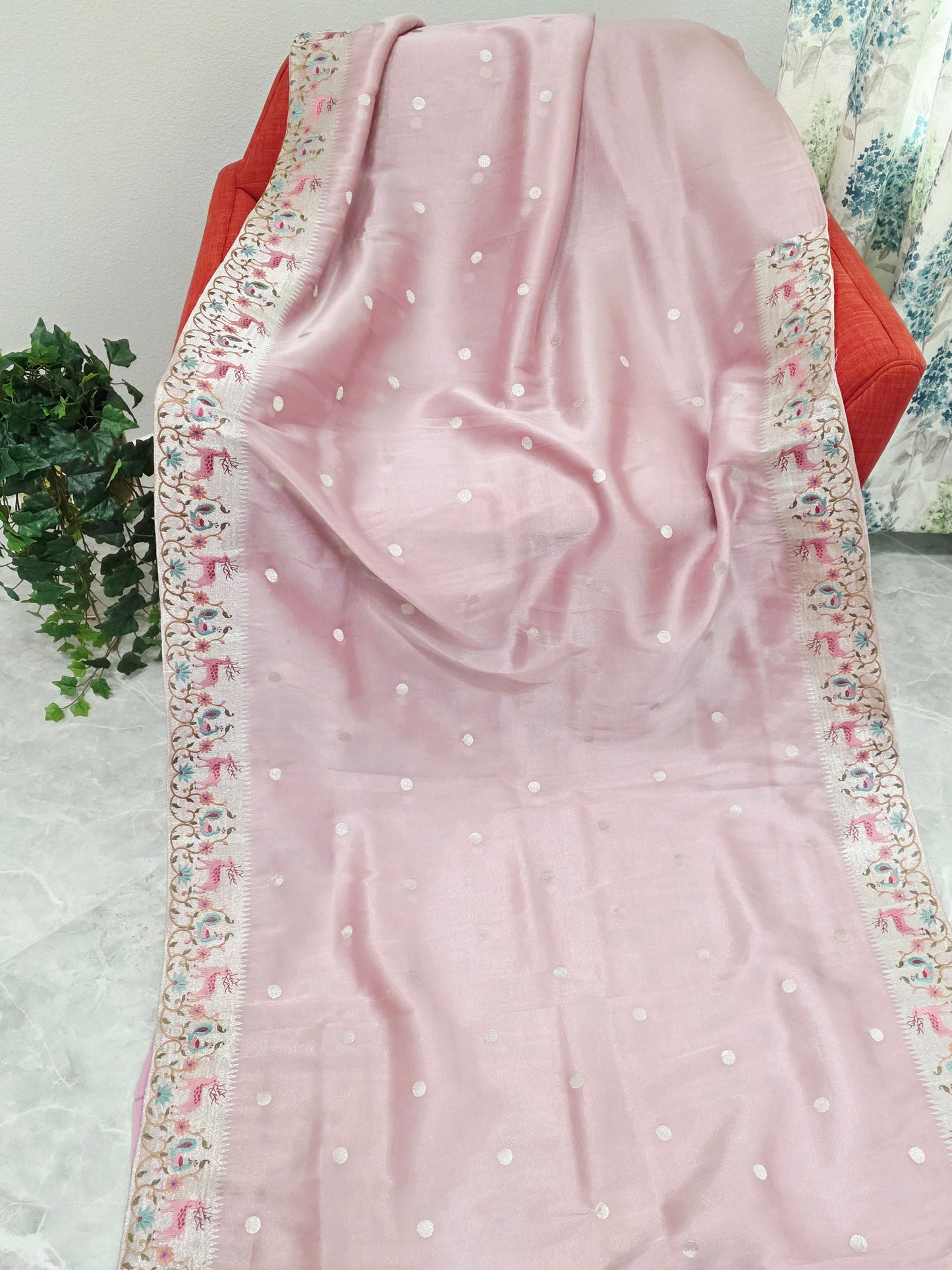 Dusty Rose Pink Soft Tissue Silk Saree with Embroidered Border & Stitched Blouse