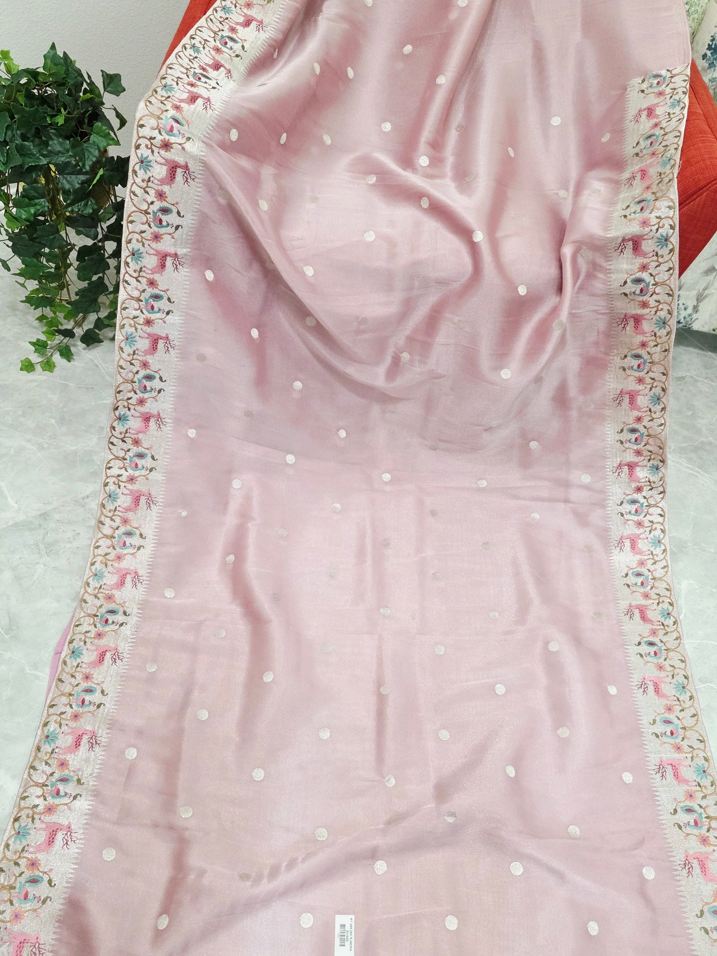 Dusty Rose Pink Soft Tissue Silk Saree with Embroidered Border & Stitched Blouse