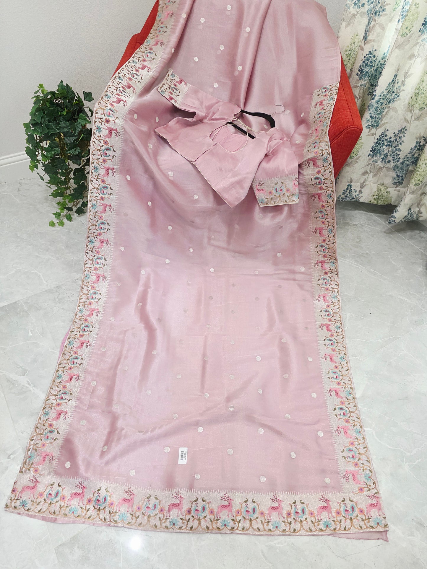 Dusty Rose Pink Soft Tissue Silk Saree with Embroidered Border & Stitched Blouse