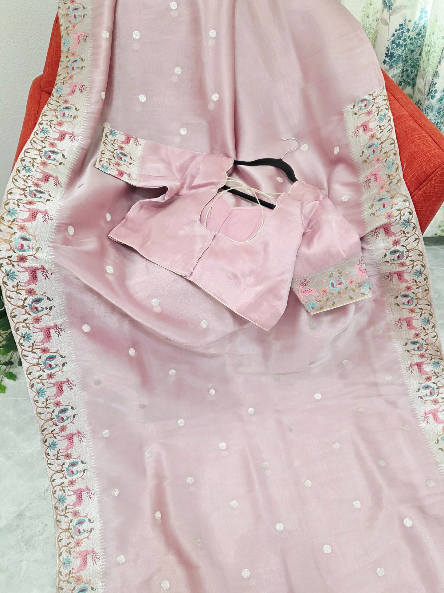 Dusty Rose Pink Soft Tissue Silk Saree with Embroidered Border & Stitched Blouse