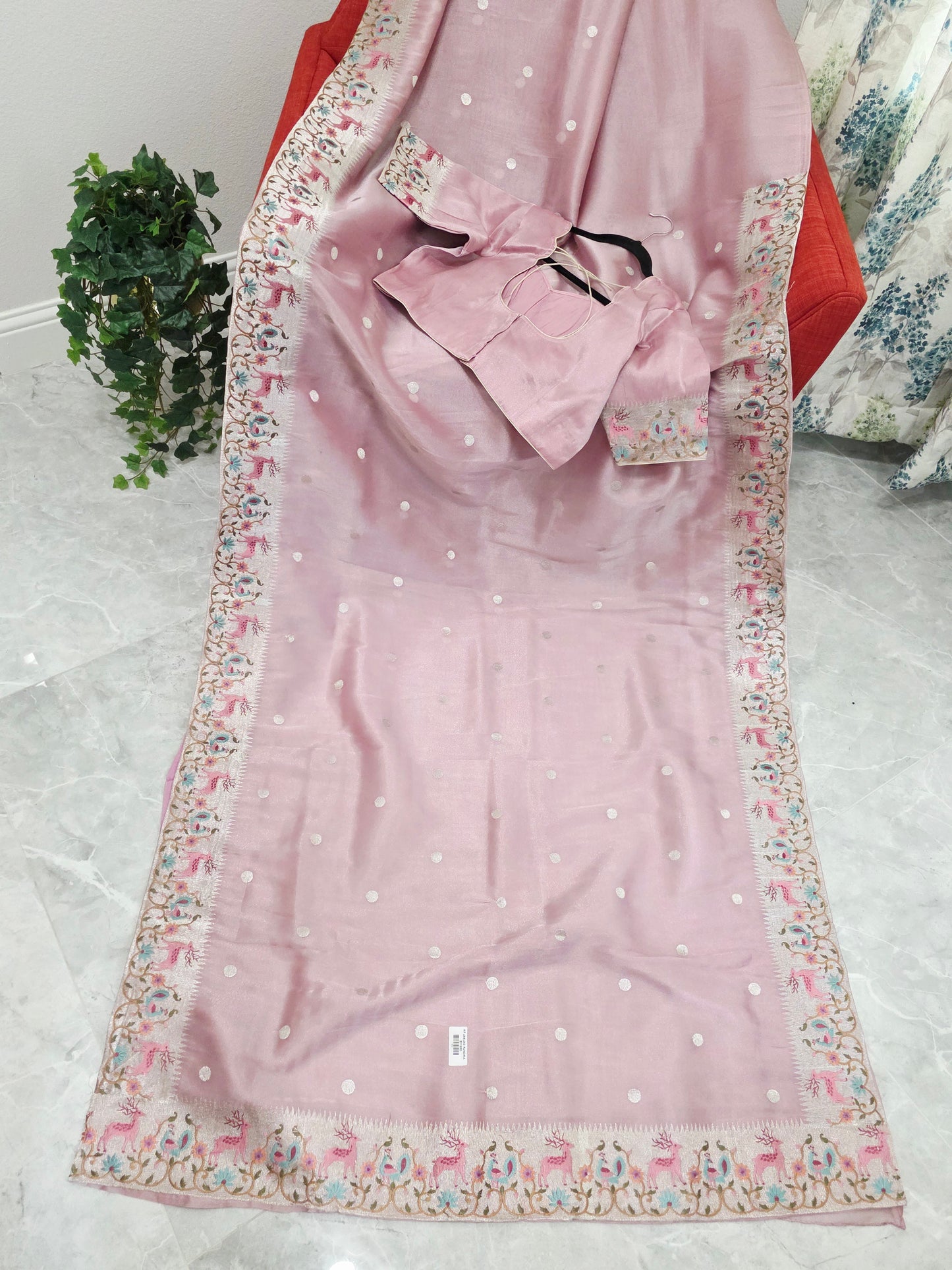 Dusty Rose Pink Soft Tissue Silk Saree with Embroidered Border & Stitched Blouse