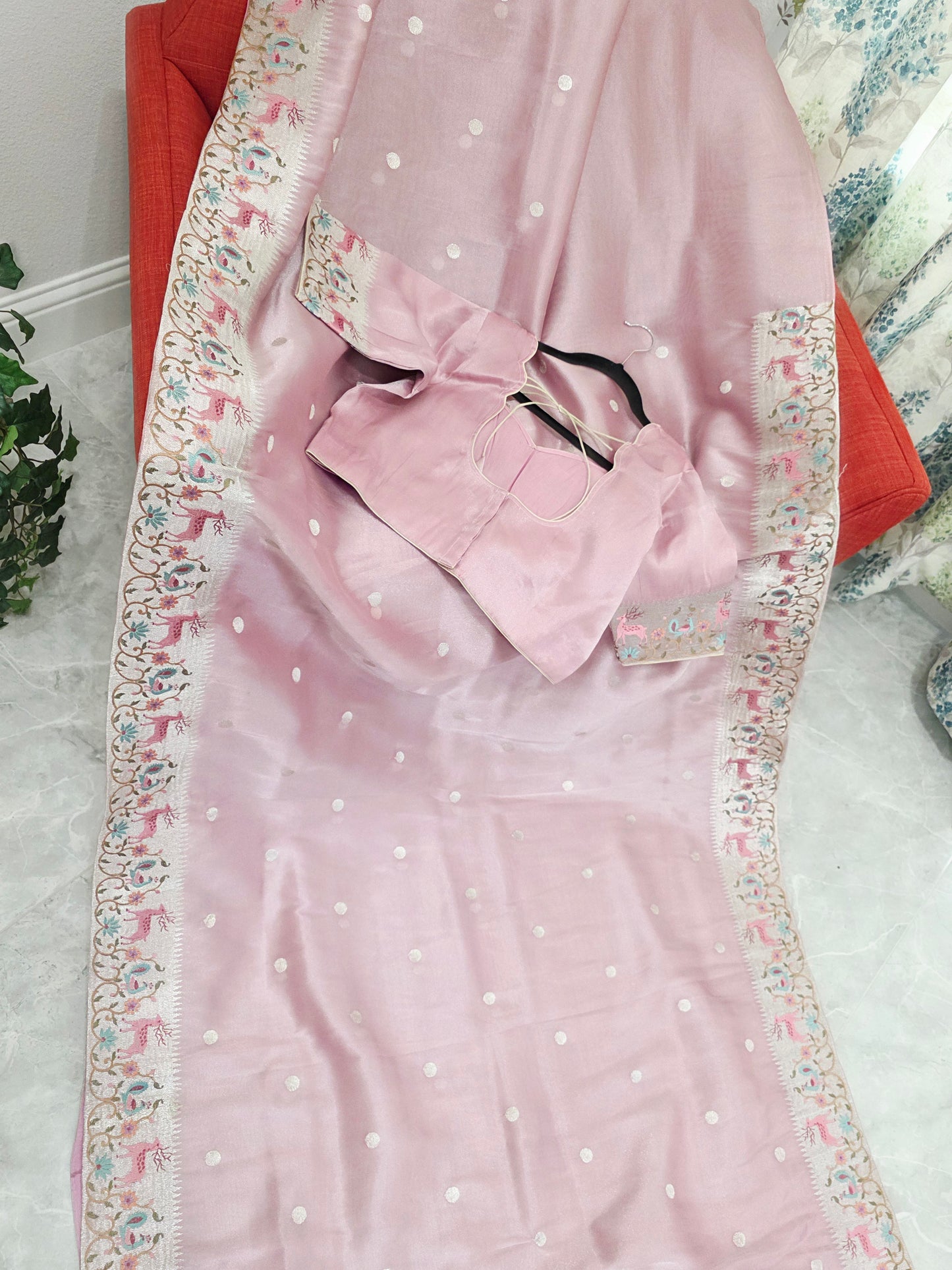 Dusty Rose Pink Soft Tissue Silk Saree with Embroidered Border & Stitched Blouse