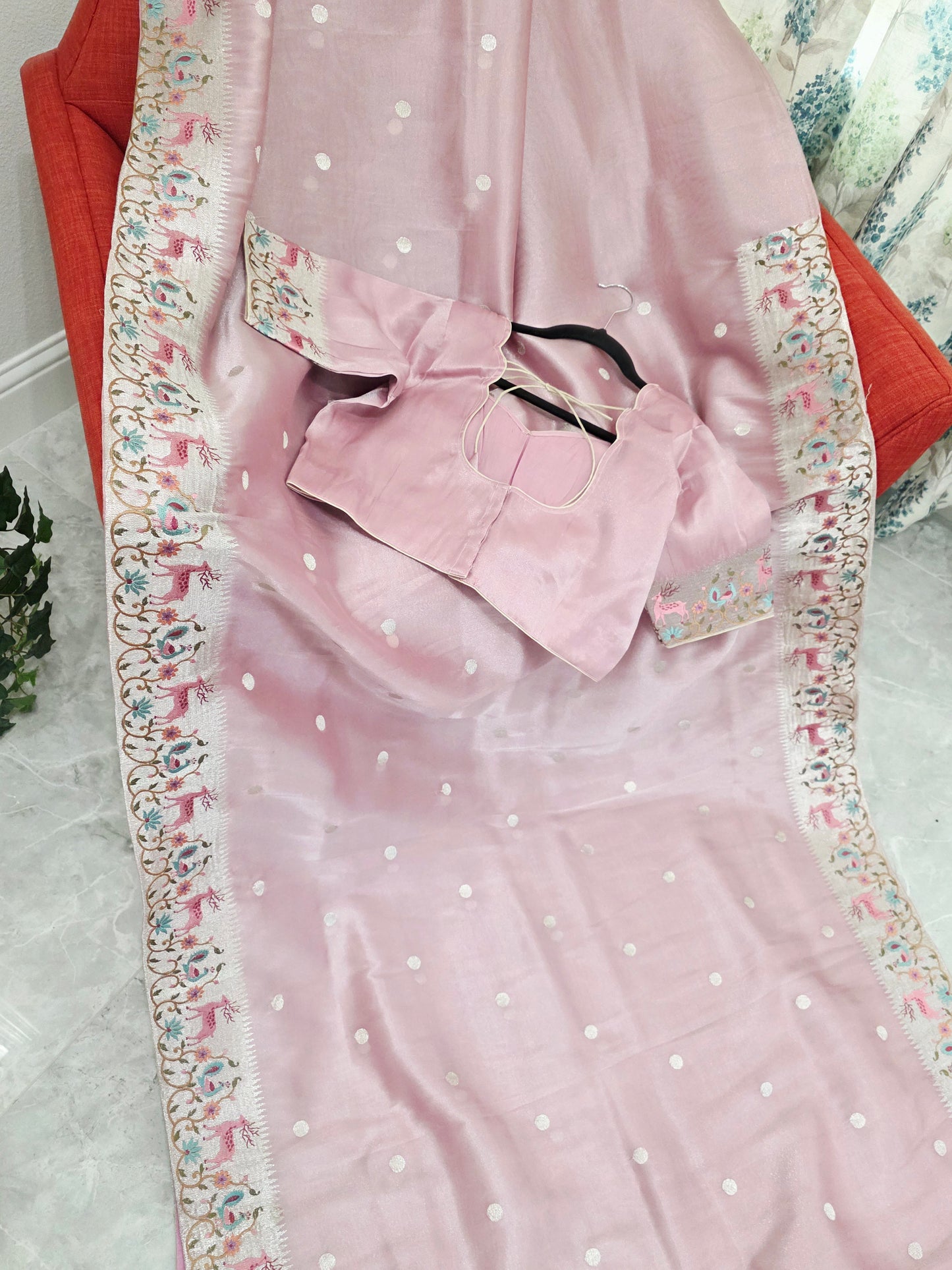 Dusty Rose Pink Soft Tissue Silk Saree with Embroidered Border & Stitched Blouse