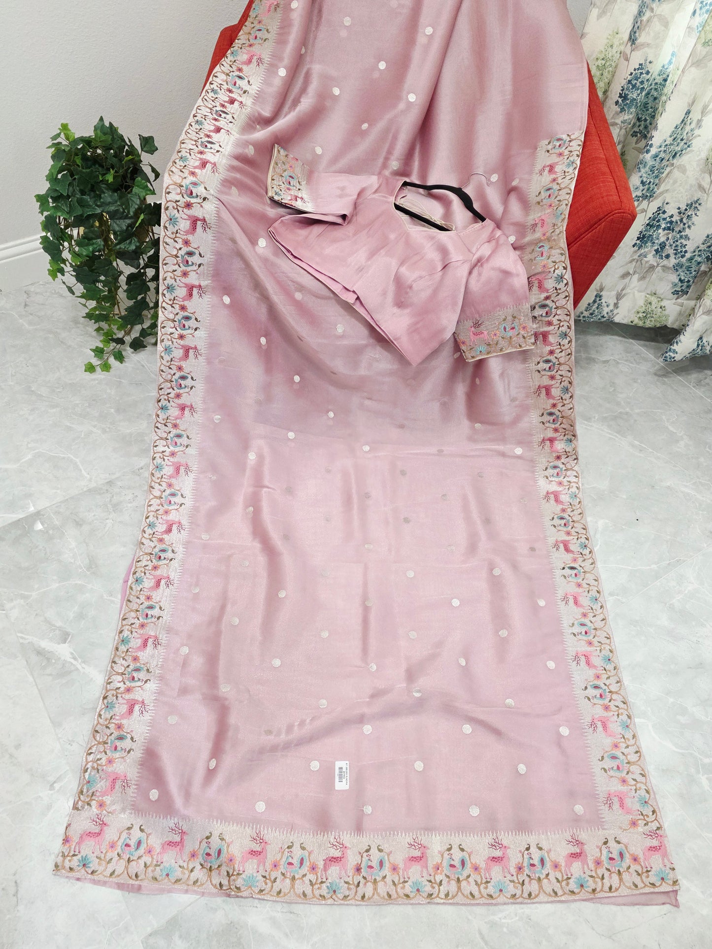 Dusty Rose Pink Soft Tissue Silk Saree with Embroidered Border & Stitched Blouse