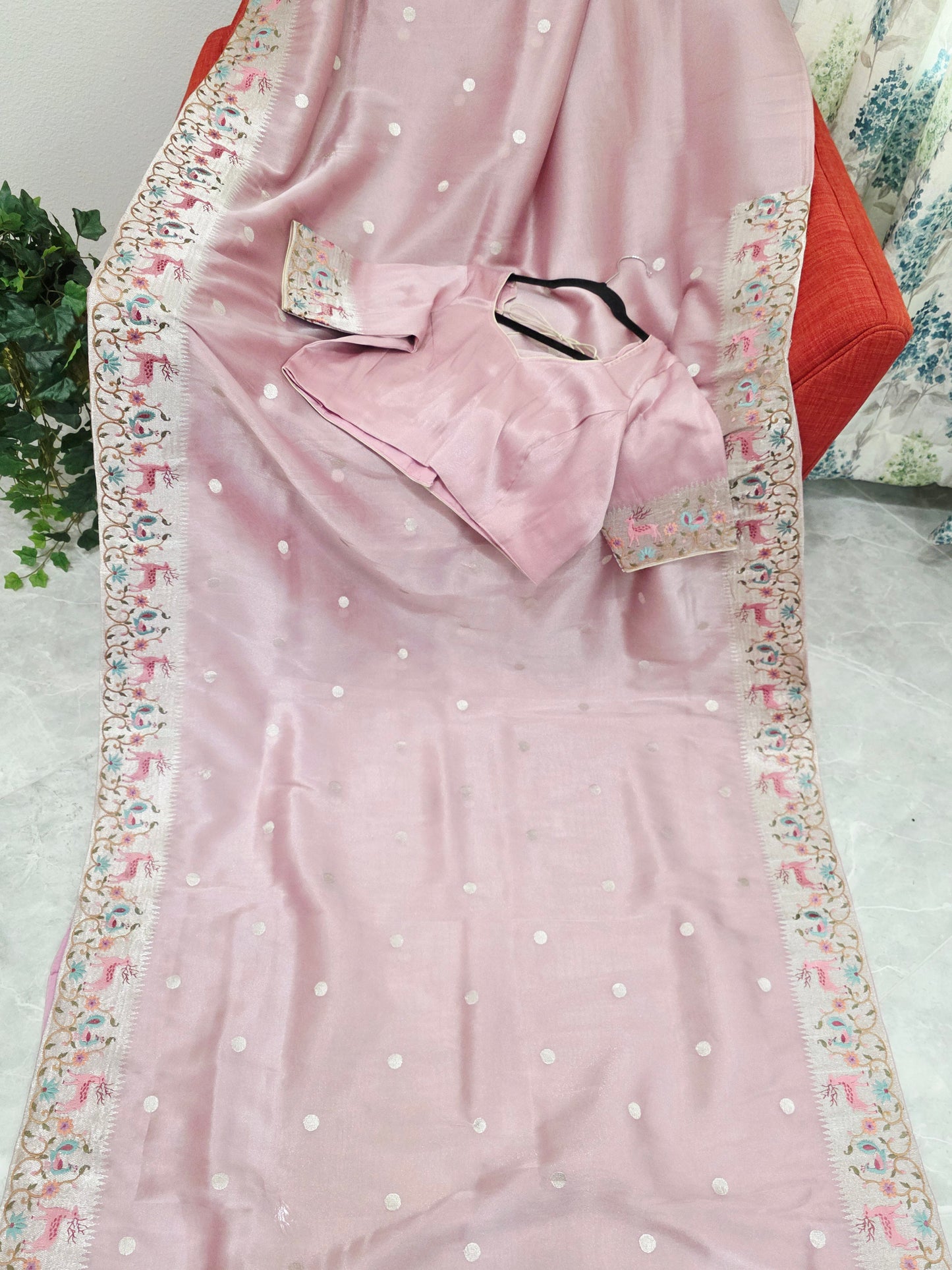 Dusty Rose Pink Soft Tissue Silk Saree with Embroidered Border & Stitched Blouse