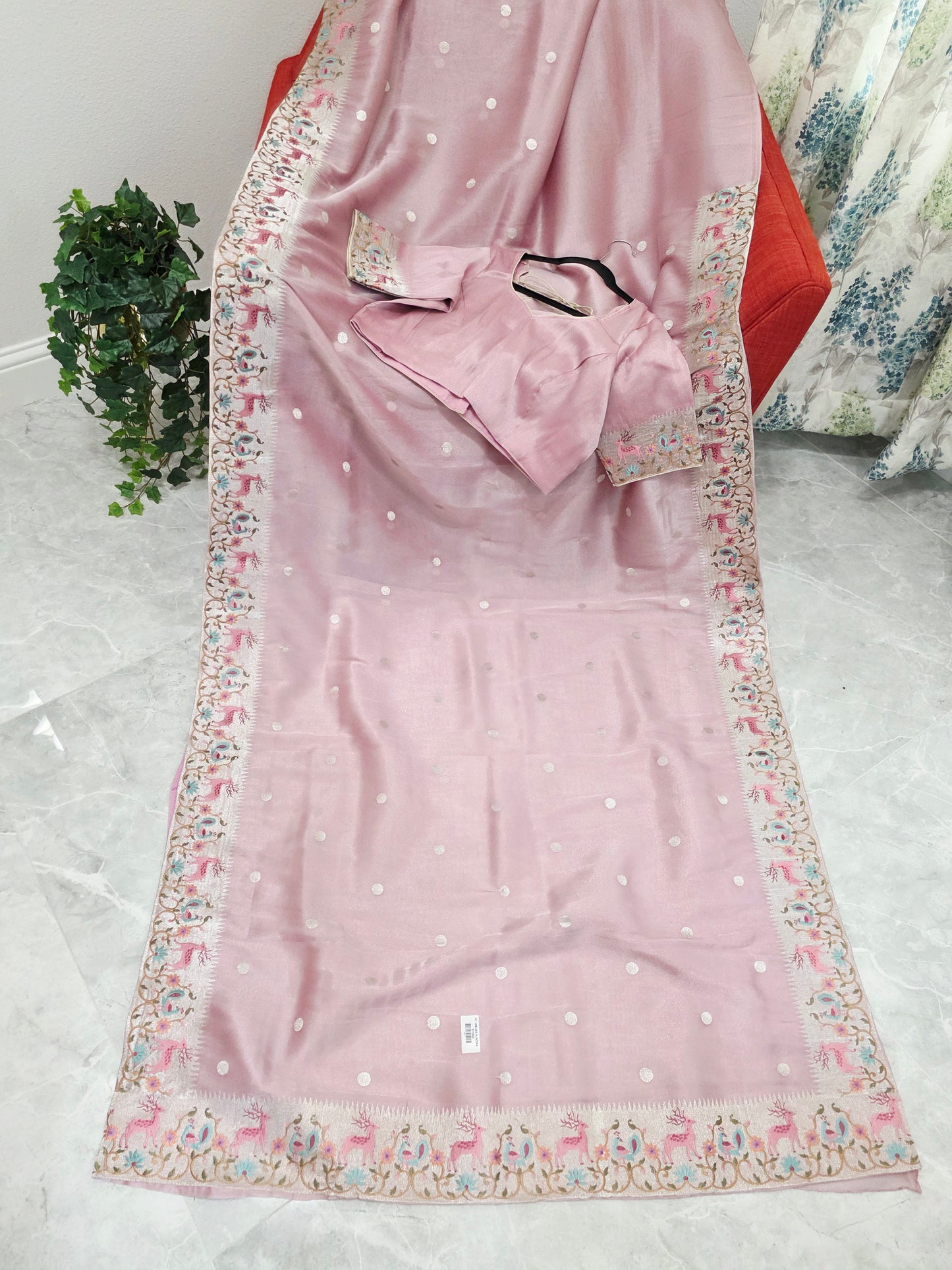 Dusty Rose Pink Soft Tissue Silk Saree with Embroidered Border & Stitched Blouse