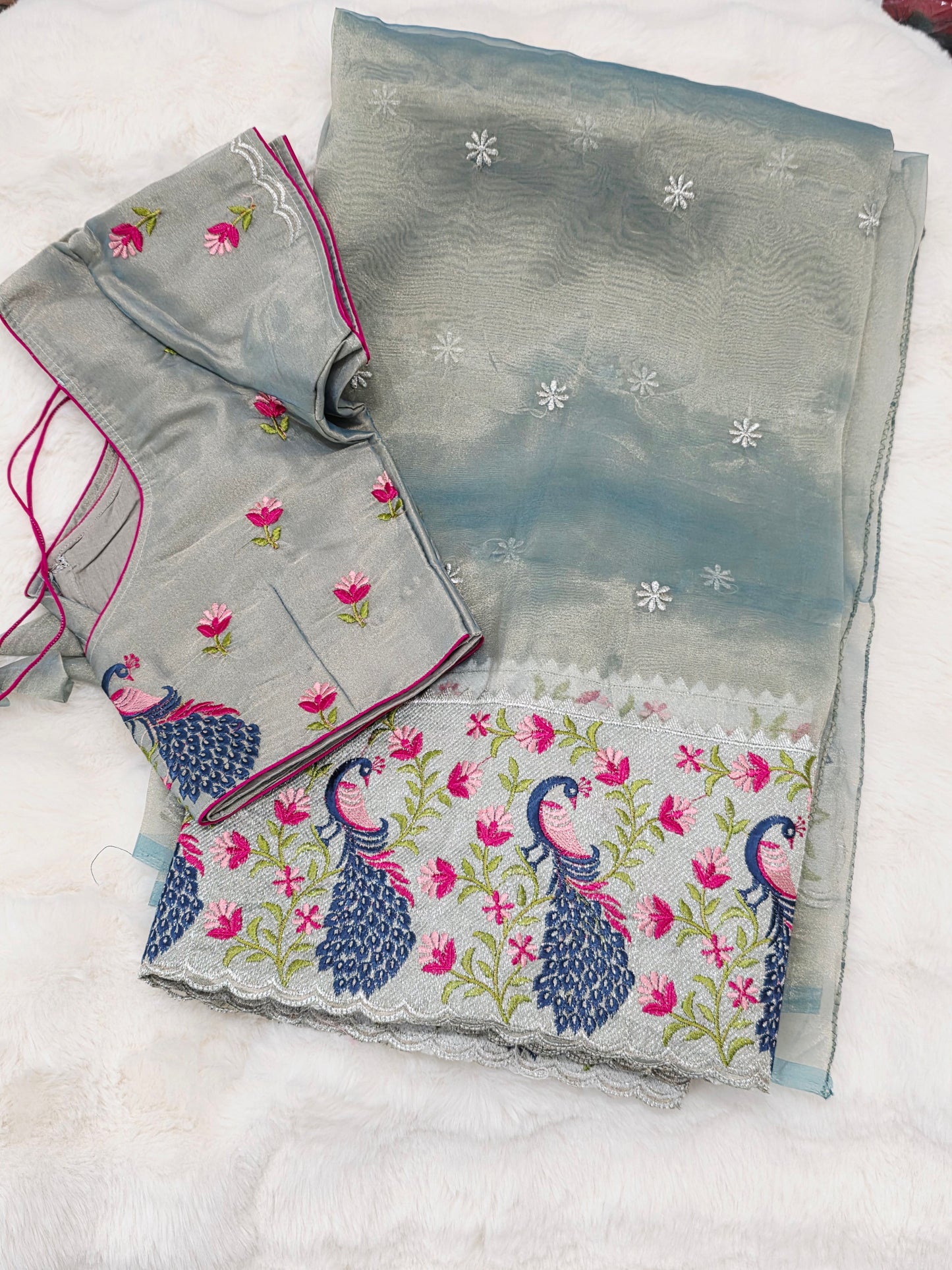 Silver Sage Grey Tissue Saree with Peacock Embroidered Border & Stitched Blouse