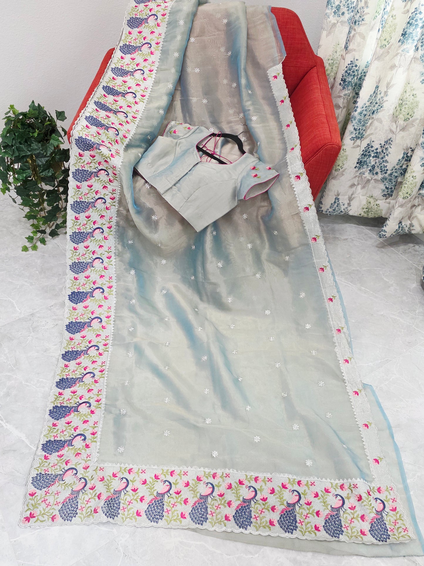 Silver Sage Grey Tissue Saree with Peacock Embroidered Border & Stitched Blouse