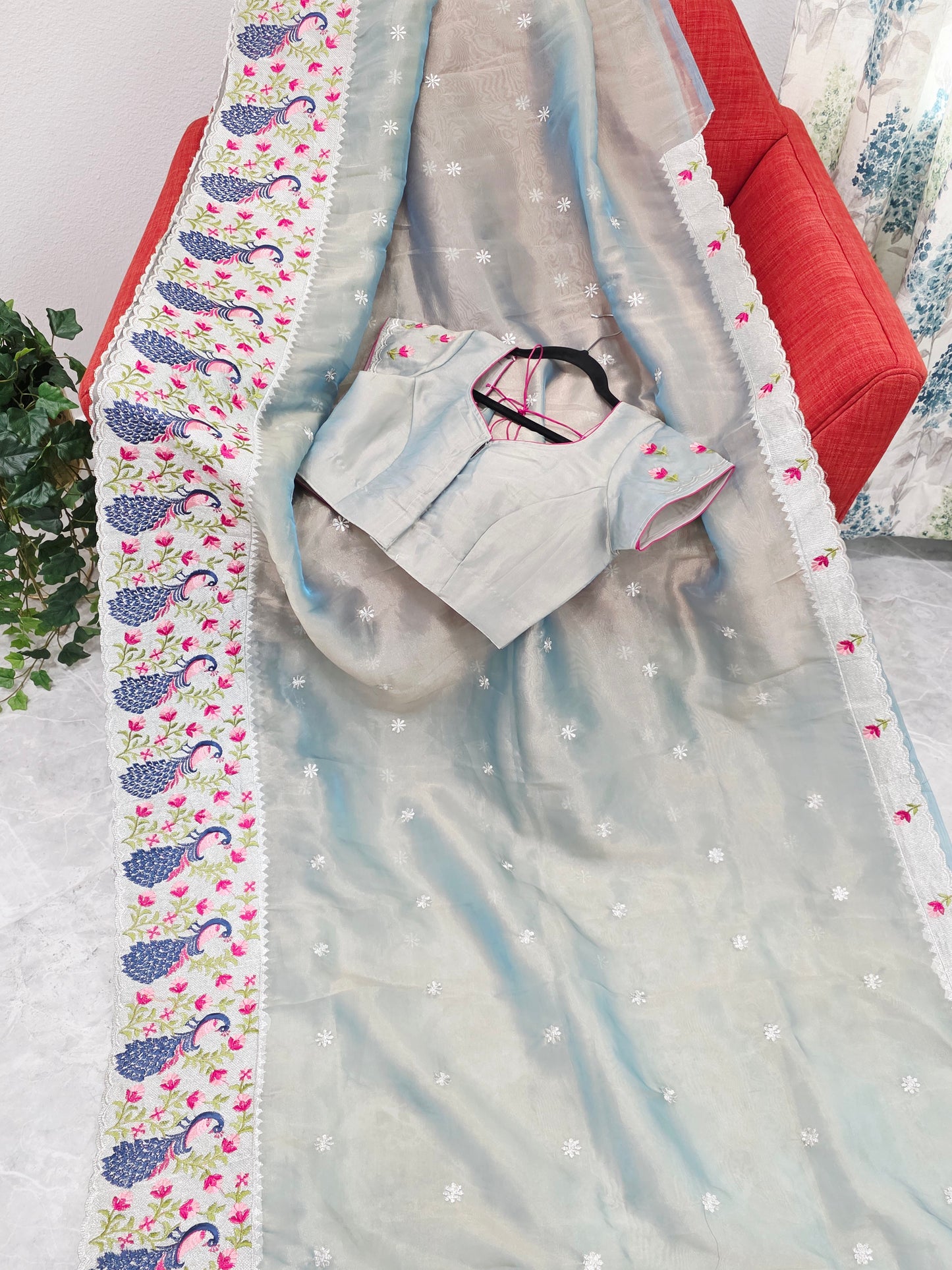 Silver Sage Grey Tissue Saree with Peacock Embroidered Border & Stitched Blouse