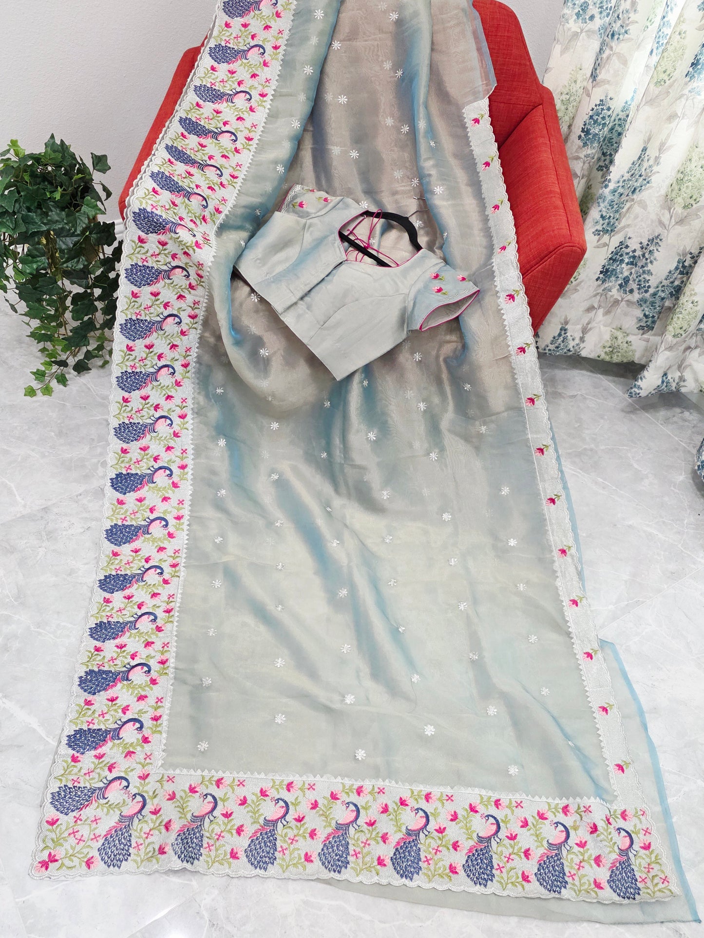 Silver Sage Grey Tissue Saree with Peacock Embroidered Border & Stitched Blouse