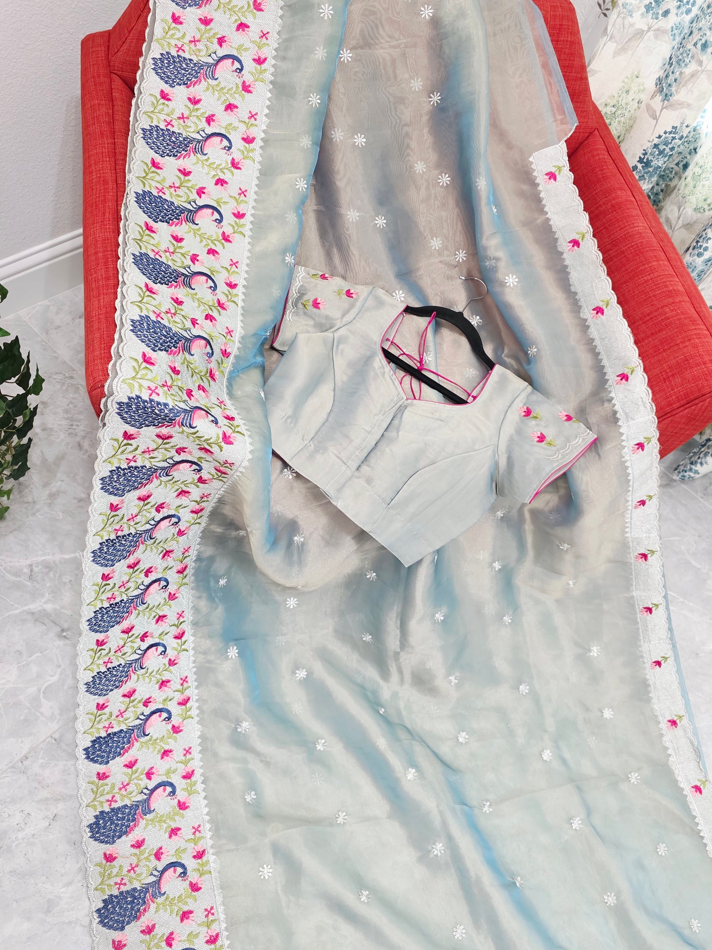 Silver Sage Grey Tissue Saree with Peacock Embroidered Border & Stitched Blouse