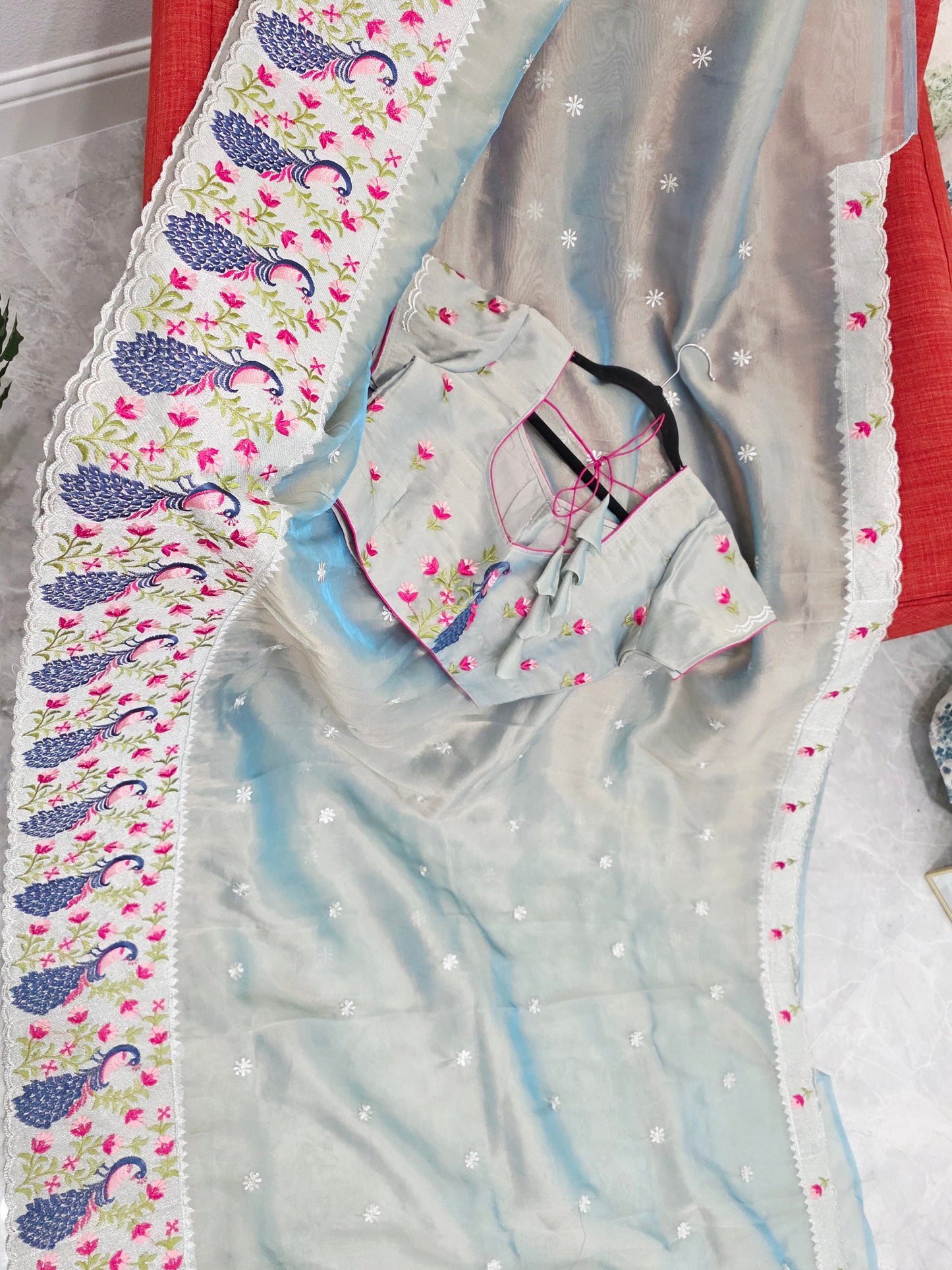 Silver Sage Grey Tissue Saree with Peacock Embroidered Border & Stitched Blouse
