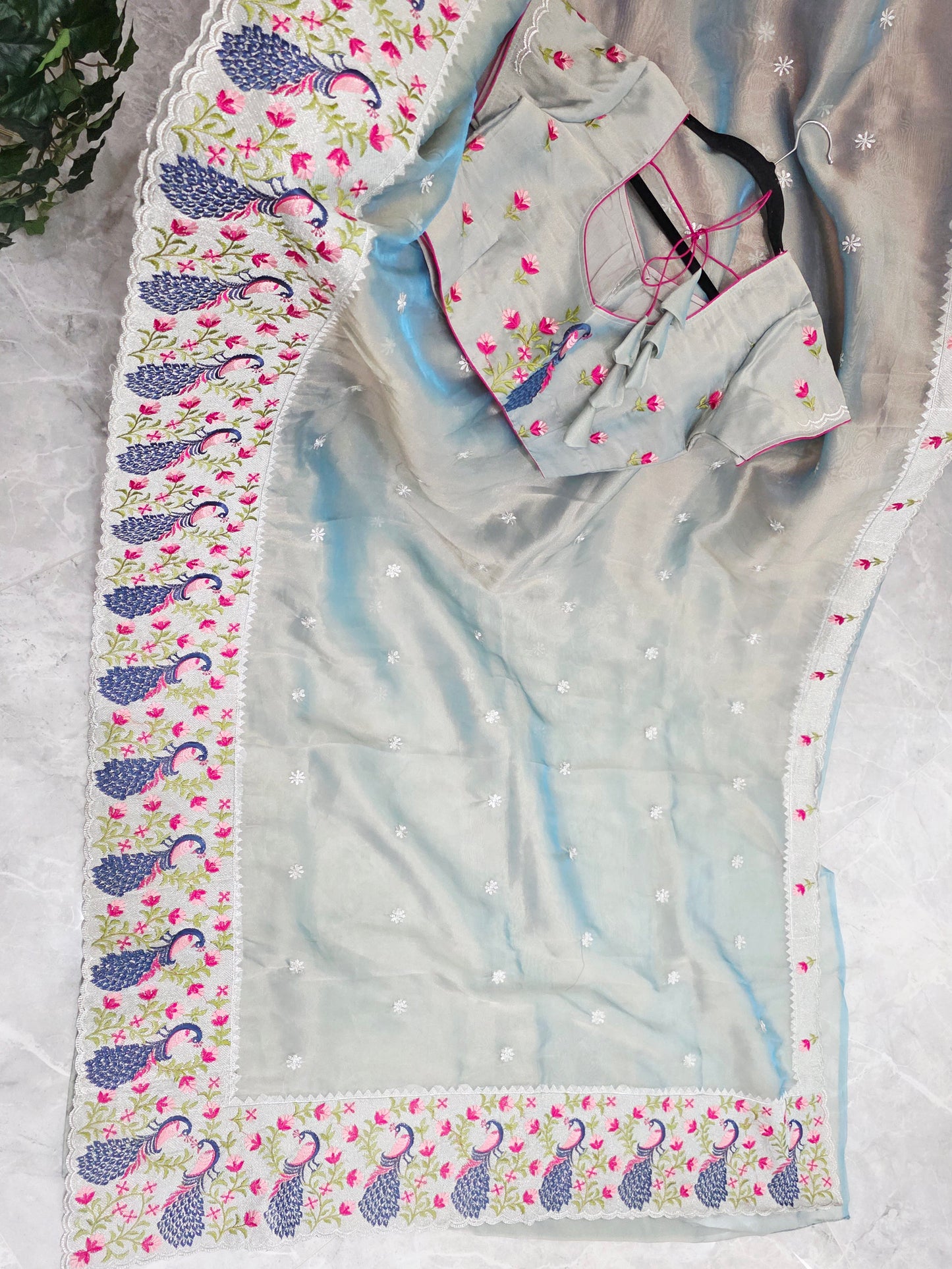 Silver Sage Grey Tissue Saree with Peacock Embroidered Border & Stitched Blouse