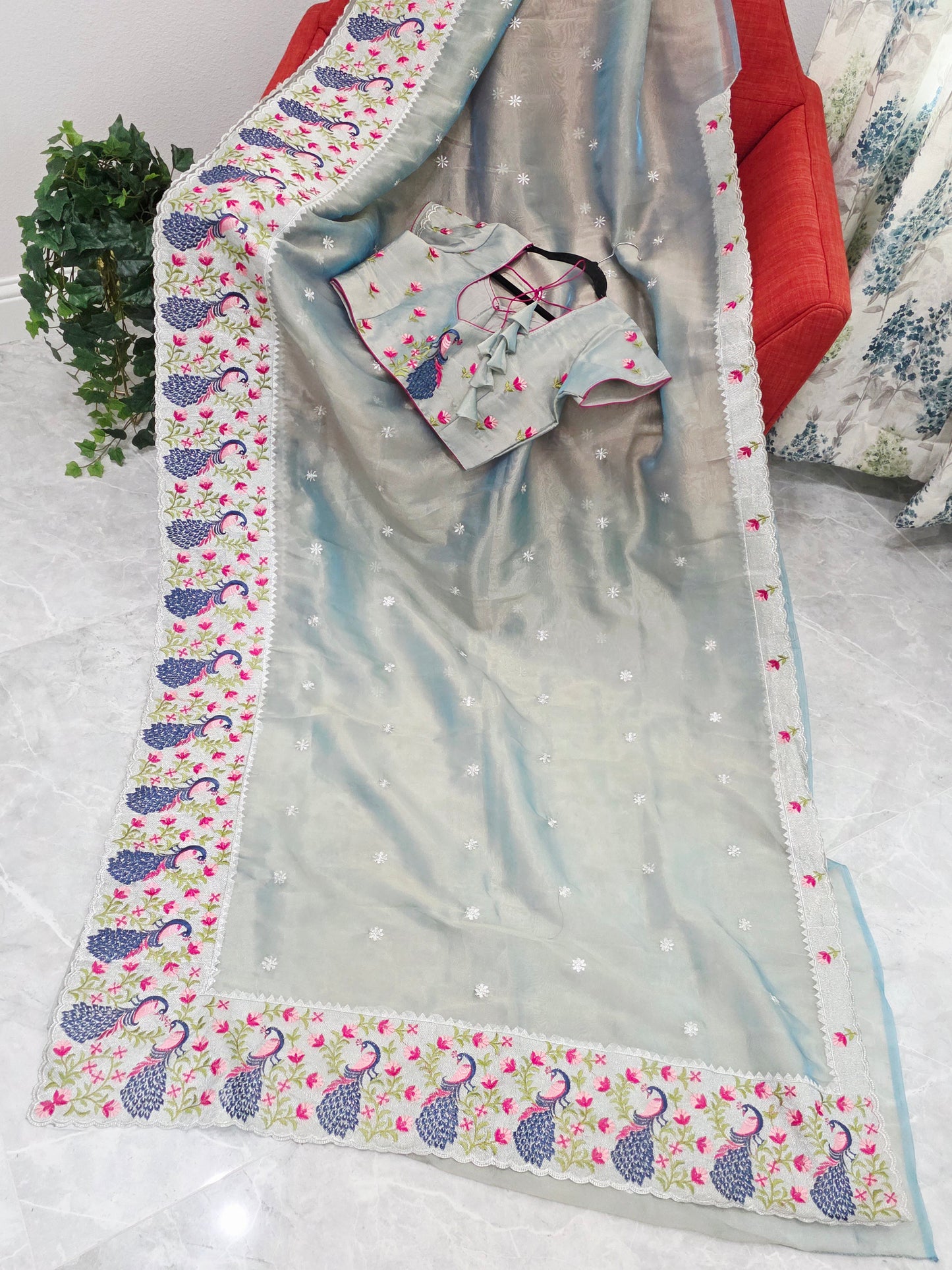 Silver Sage Grey Tissue Saree with Peacock Embroidered Border & Stitched Blouse
