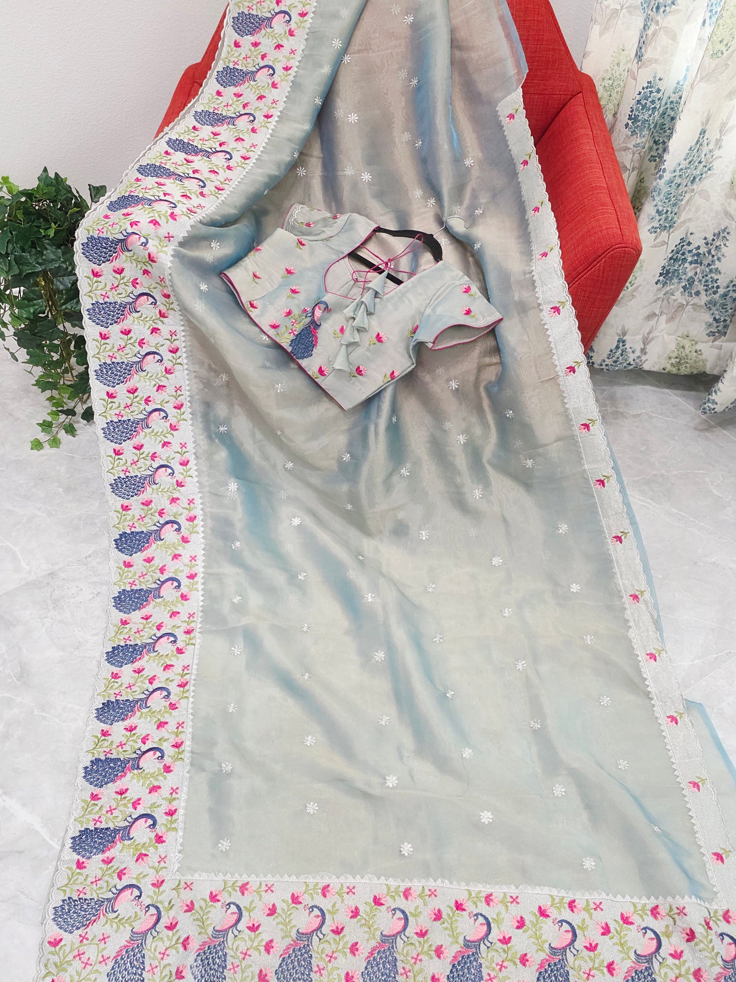 Silver Sage Grey Tissue Saree with Peacock Embroidered Border & Stitched Blouse