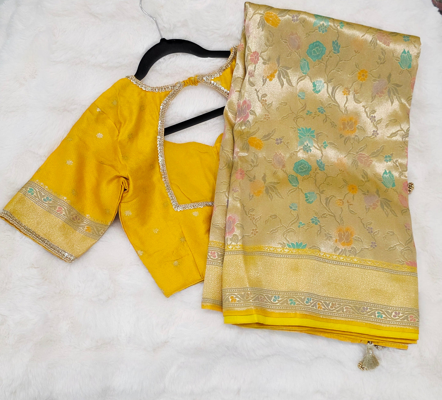 Golden Yellow Benarasi Paithani Brocade Designer Saree with Stitched Blouse