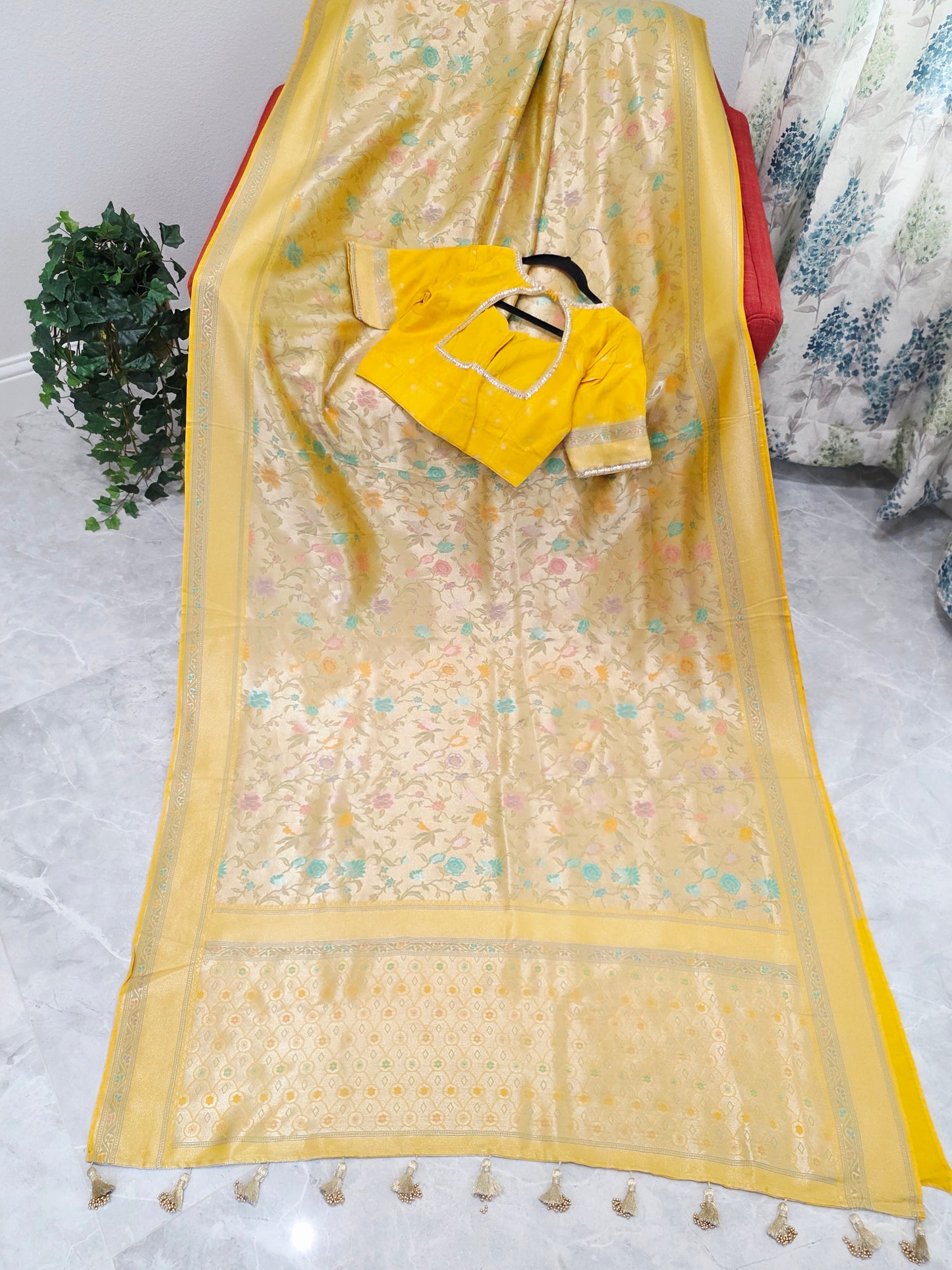 Golden Yellow Benarasi Paithani Brocade Designer Saree with Stitched Blouse