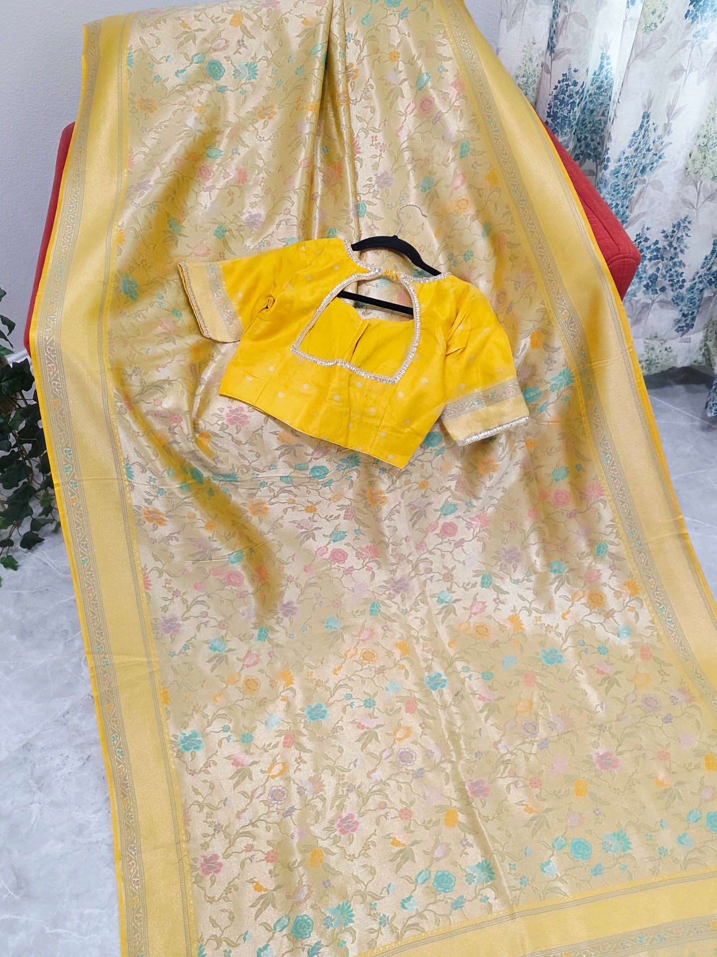 Golden Yellow Benarasi Paithani Brocade Designer Saree with Stitched Blouse