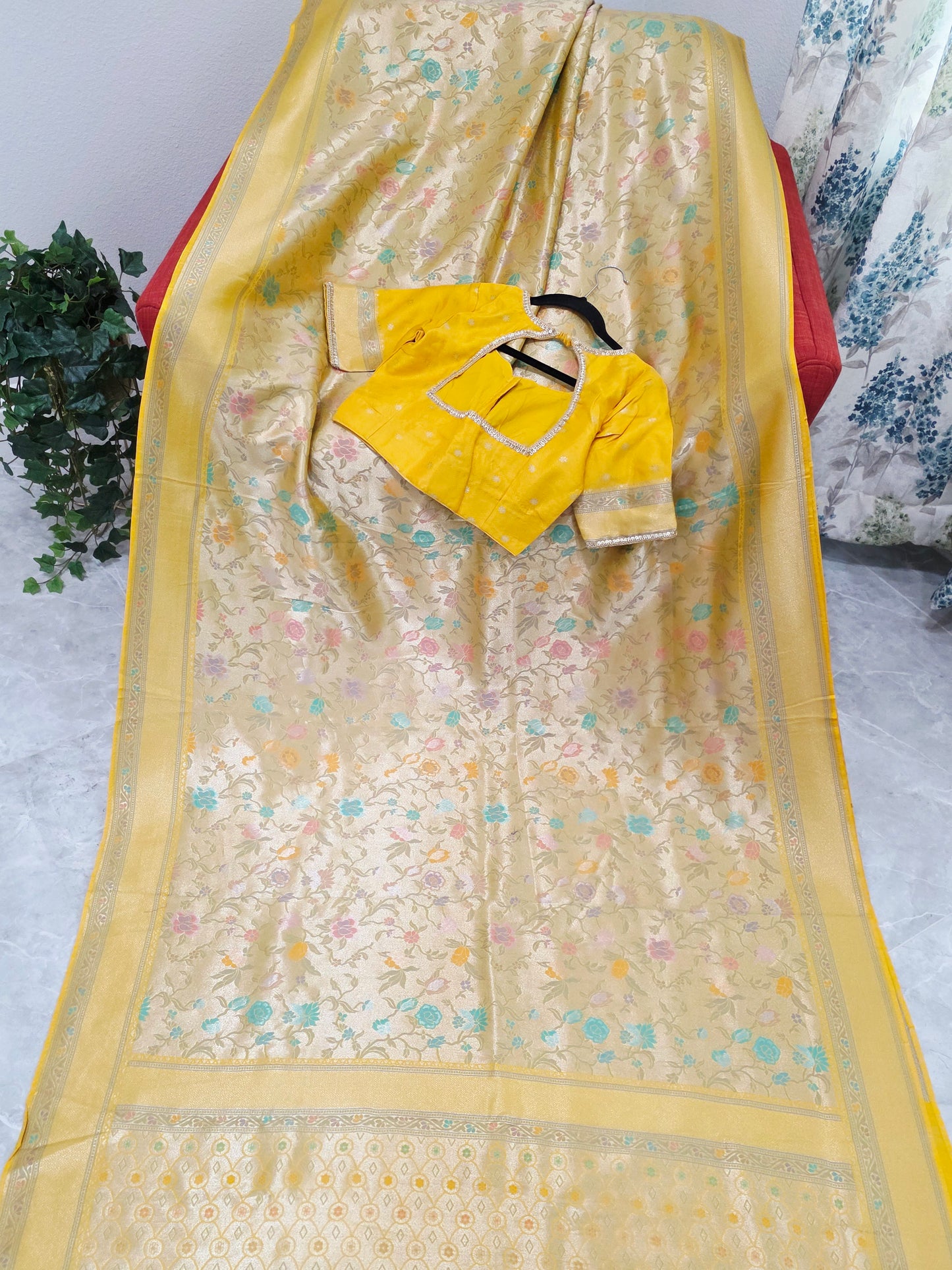 Golden Yellow Benarasi Paithani Brocade Designer Saree with Stitched Blouse