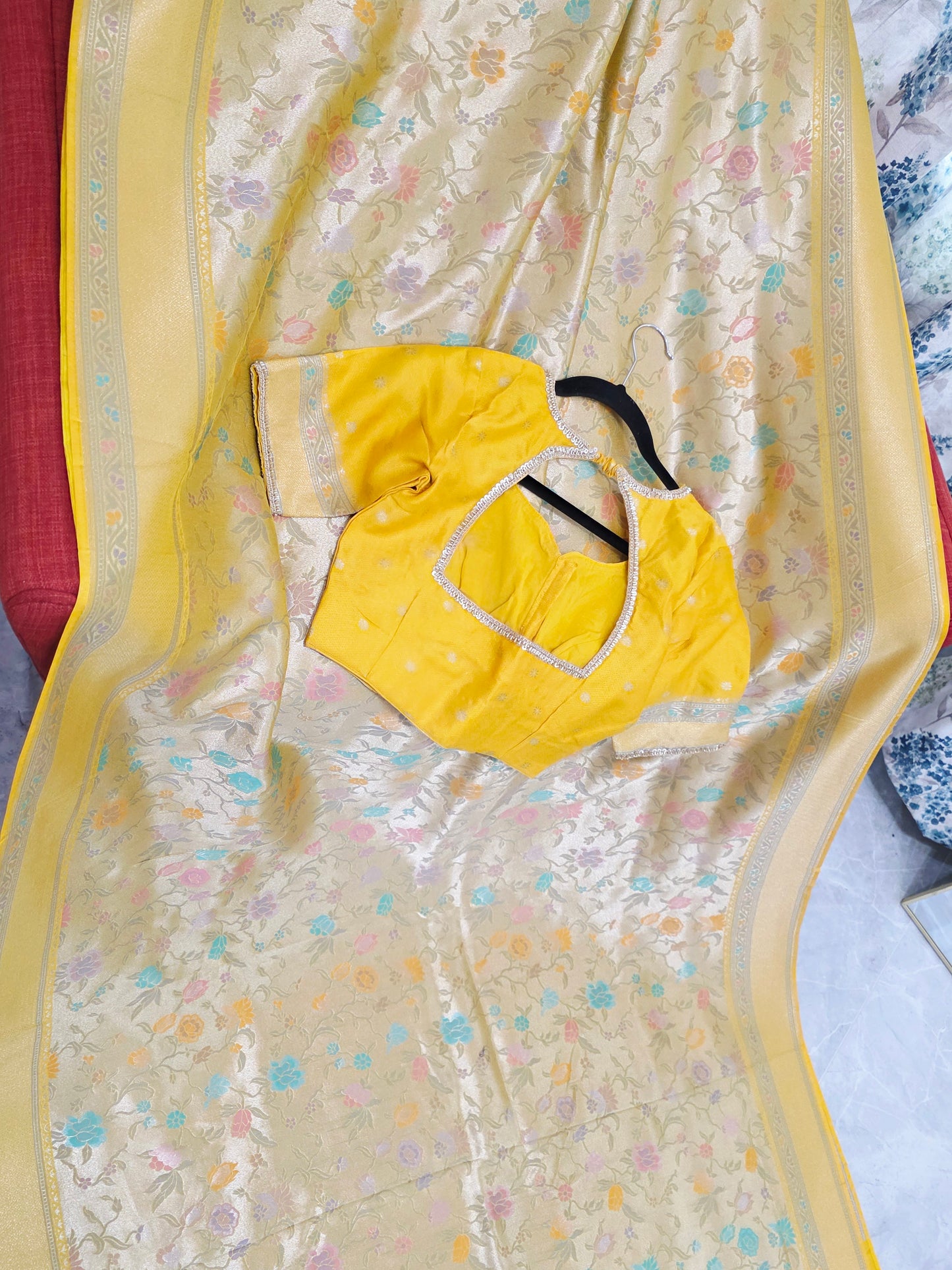 Golden Yellow Benarasi Paithani Brocade Designer Saree with Stitched Blouse