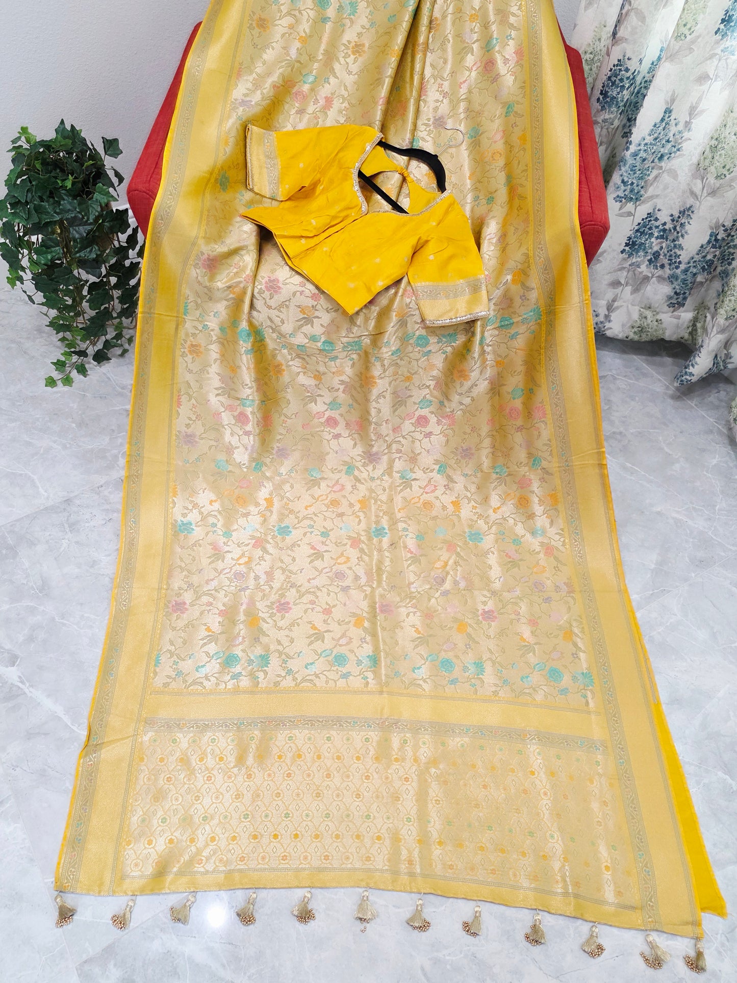 Golden Yellow Benarasi Paithani Brocade Designer Saree with Stitched Blouse