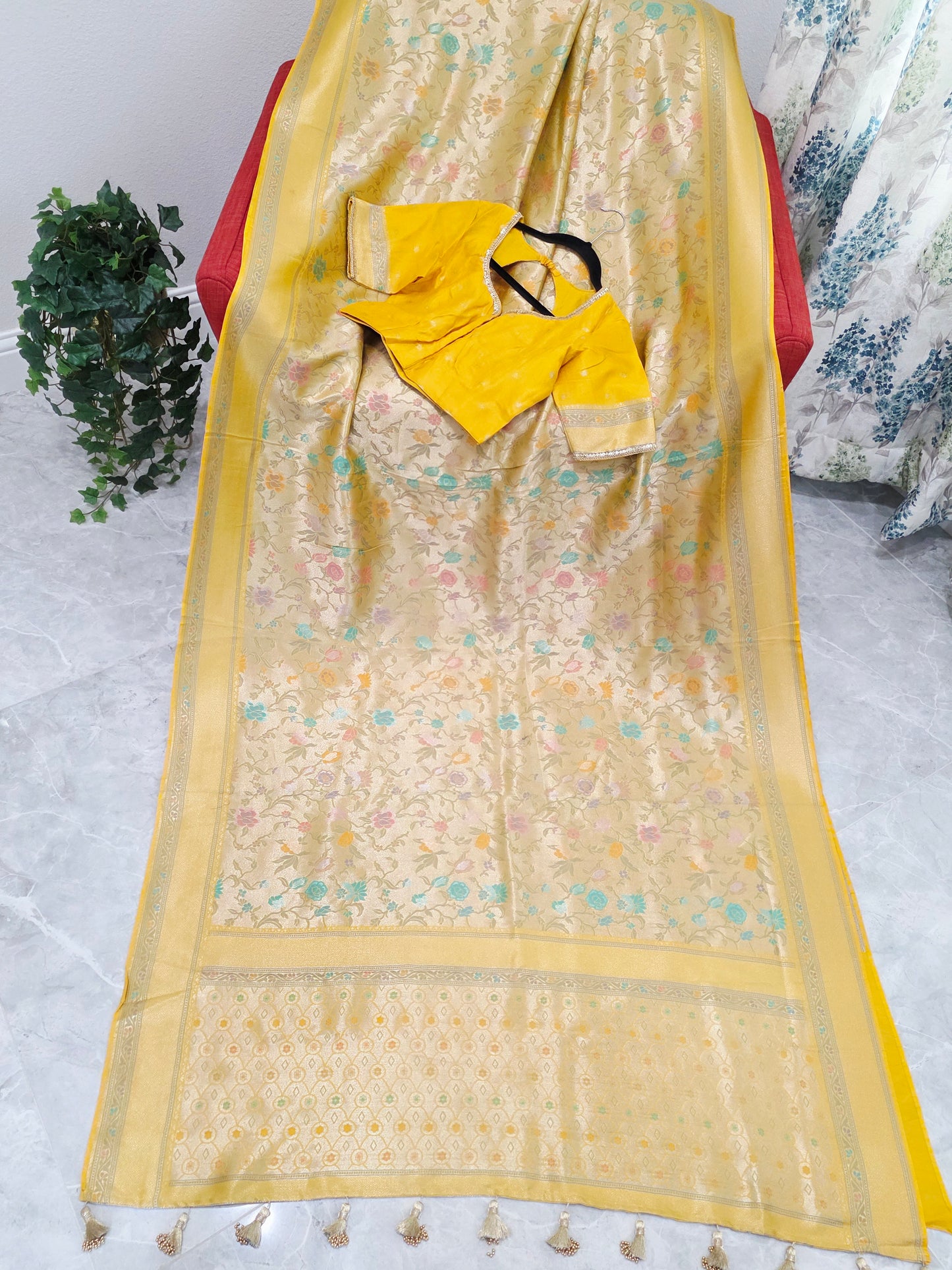Golden Yellow Benarasi Paithani Brocade Designer Saree with Stitched Blouse