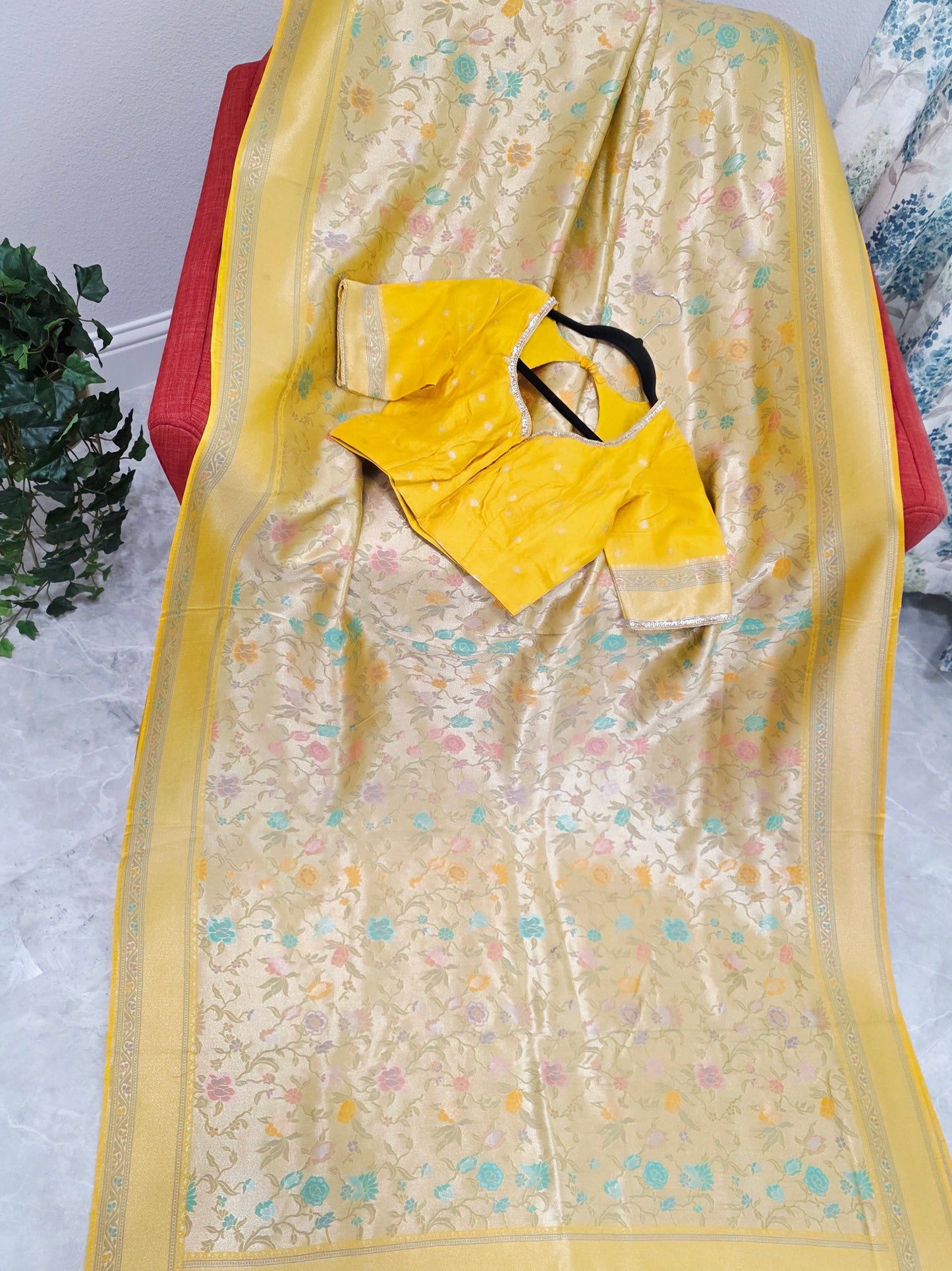 Golden Yellow Benarasi Paithani Brocade Designer Saree with Stitched Blouse