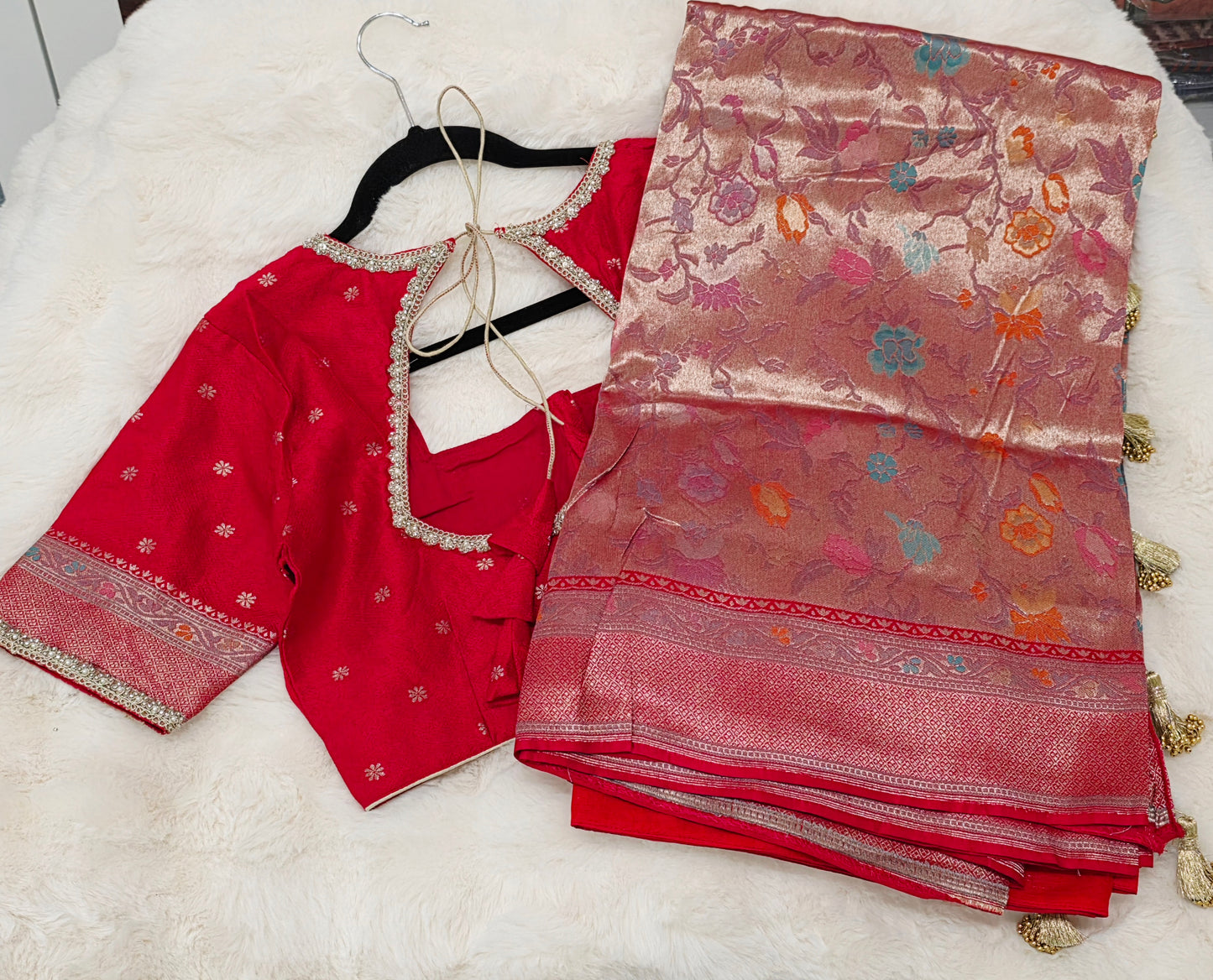 Rani Red Benarasi Paithani Brocade Designer Saree with Stitched Blouse