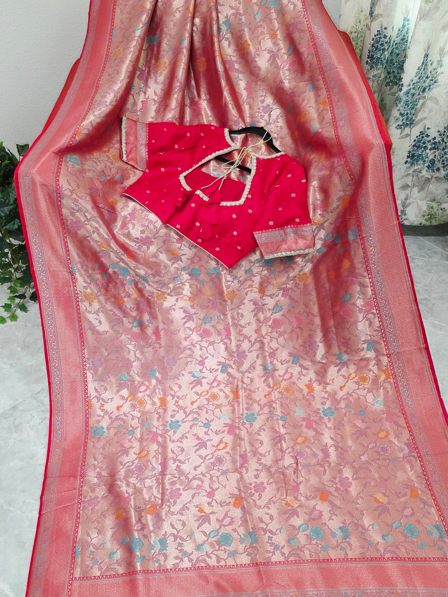 Rani Red Benarasi Paithani Brocade Designer Saree with Stitched Blouse