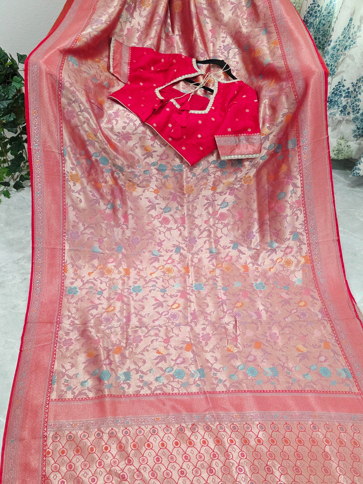 Rani Red Benarasi Paithani Brocade Designer Saree with Stitched Blouse